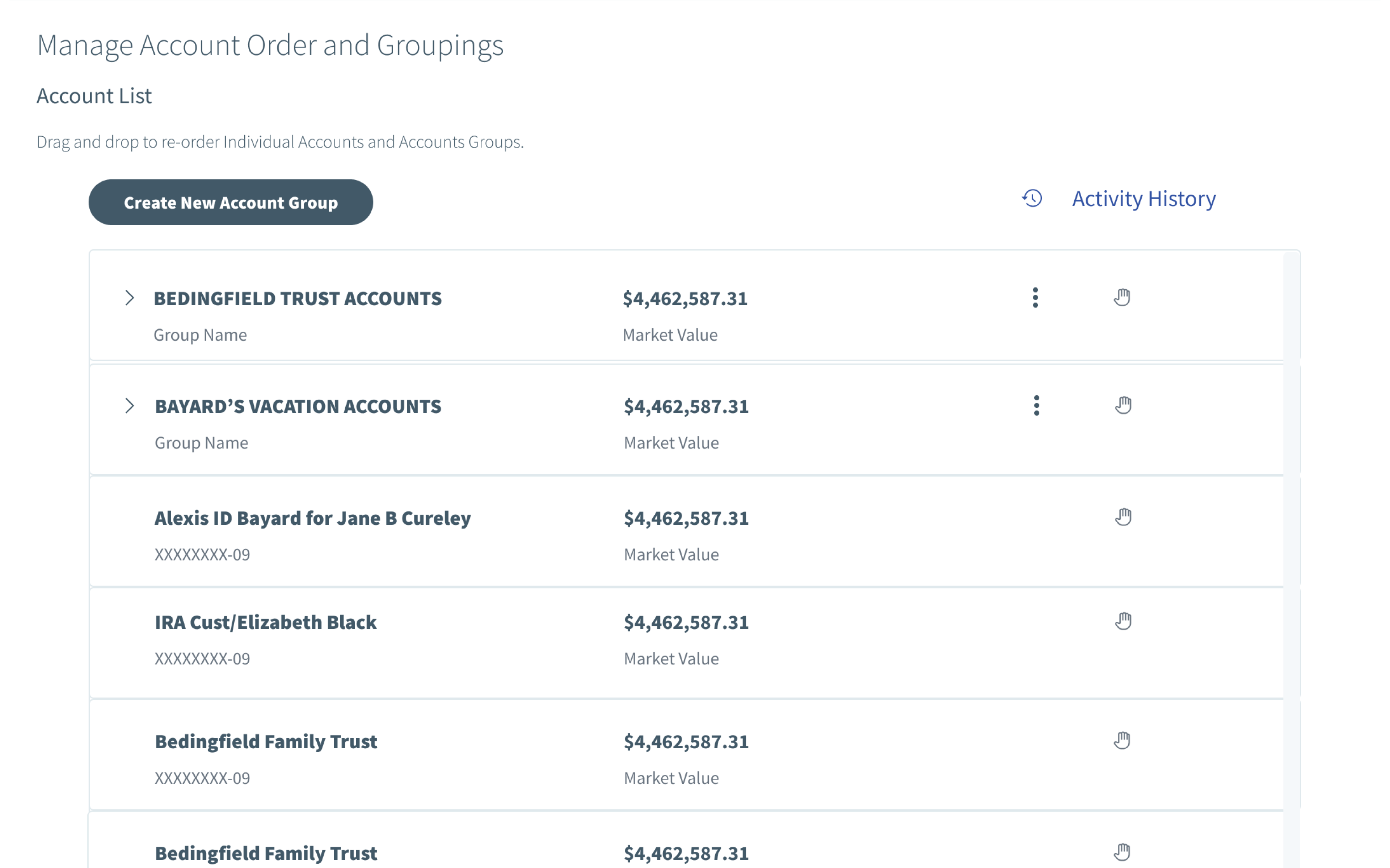 Proposed account list titled Manage Account Order and Groupings, with two collapsible account groups above individual accounts, each showing a market value.