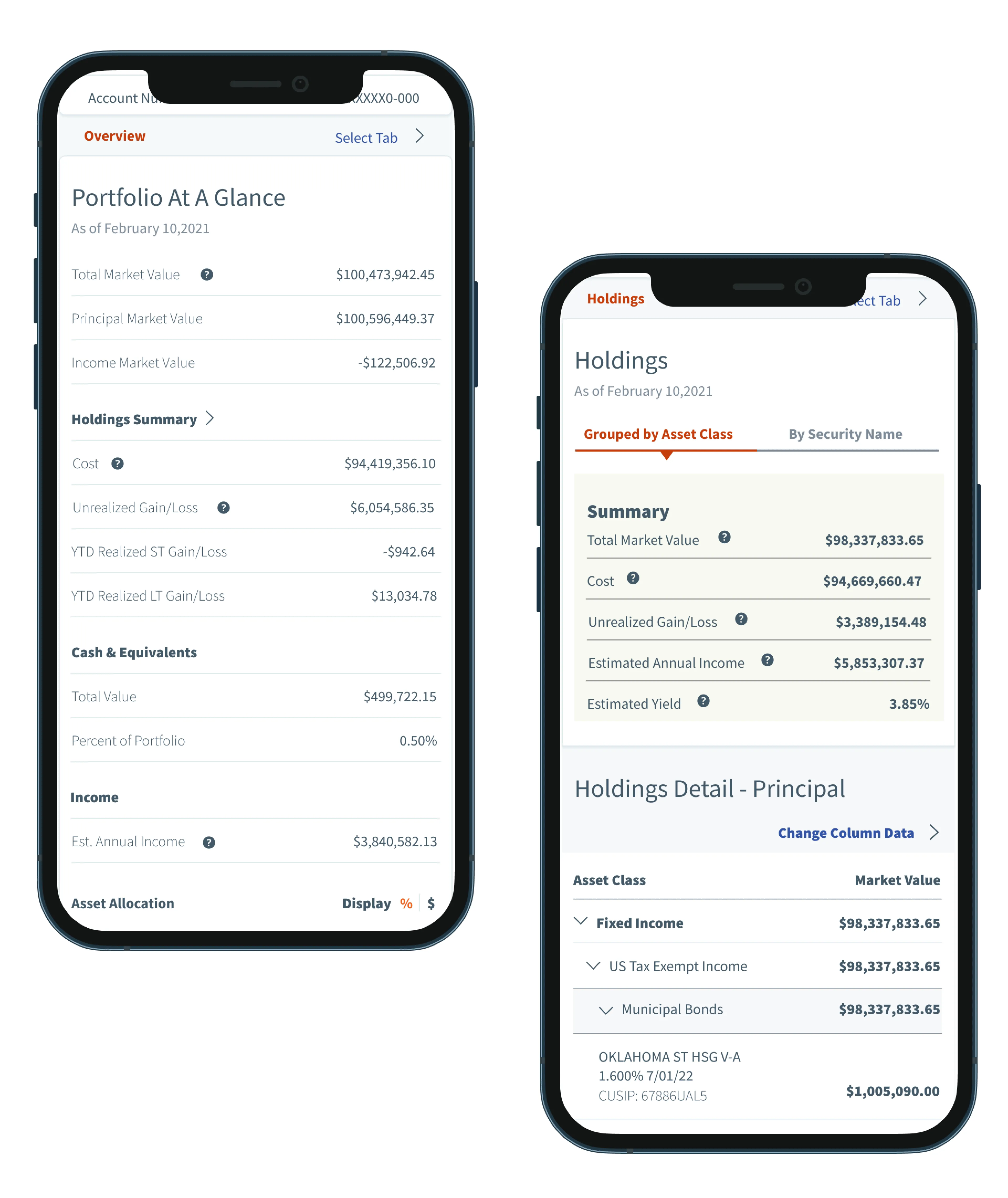 Two phone screens showing Portfolio At A Glance and Holdings, with summary values and holdings grouped by asset class.