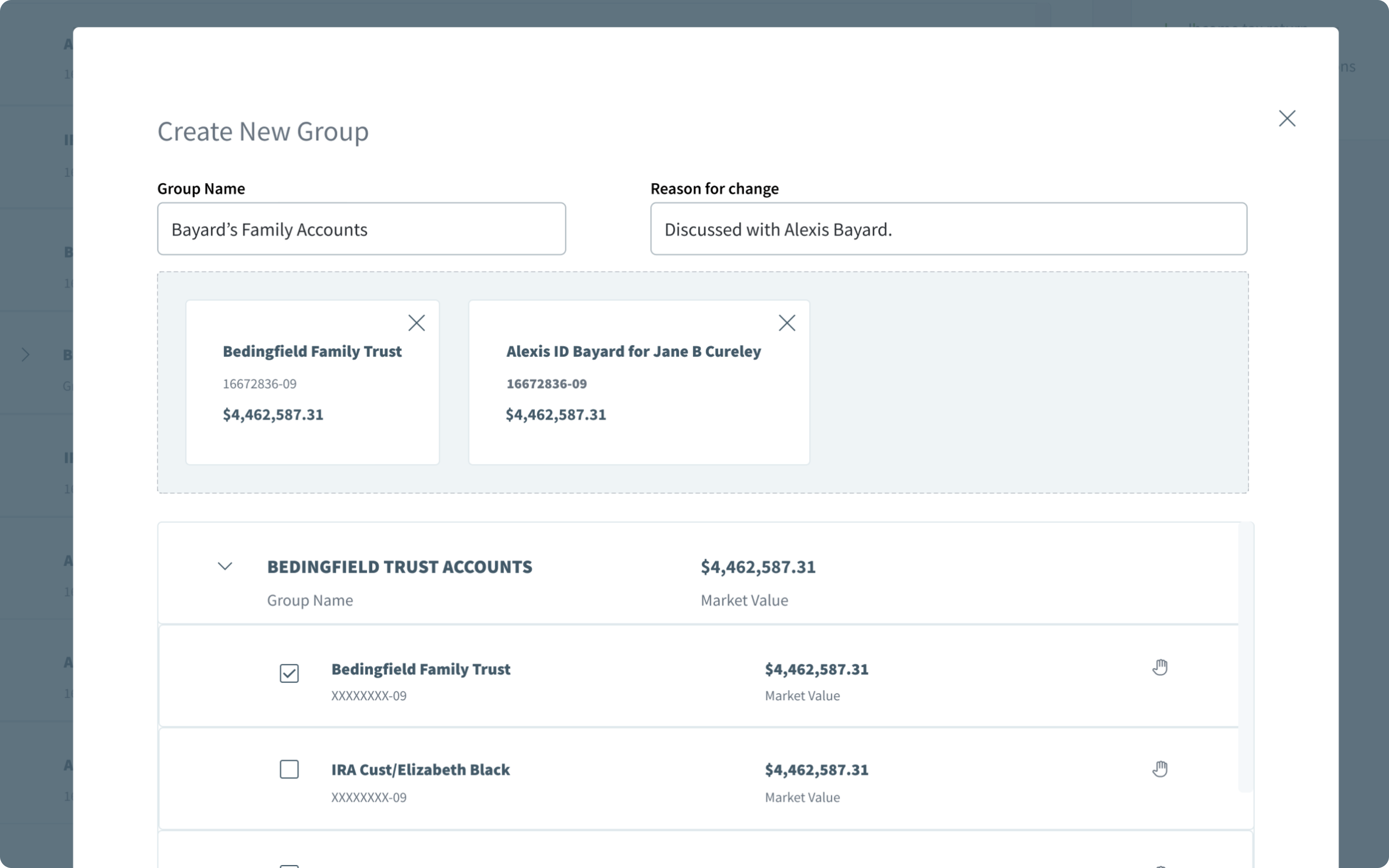 Create New Group dialog with the group name Bayard’s Family Accounts entered and two selected accounts shown as removable cards above the account list, where one checkbox is checked.