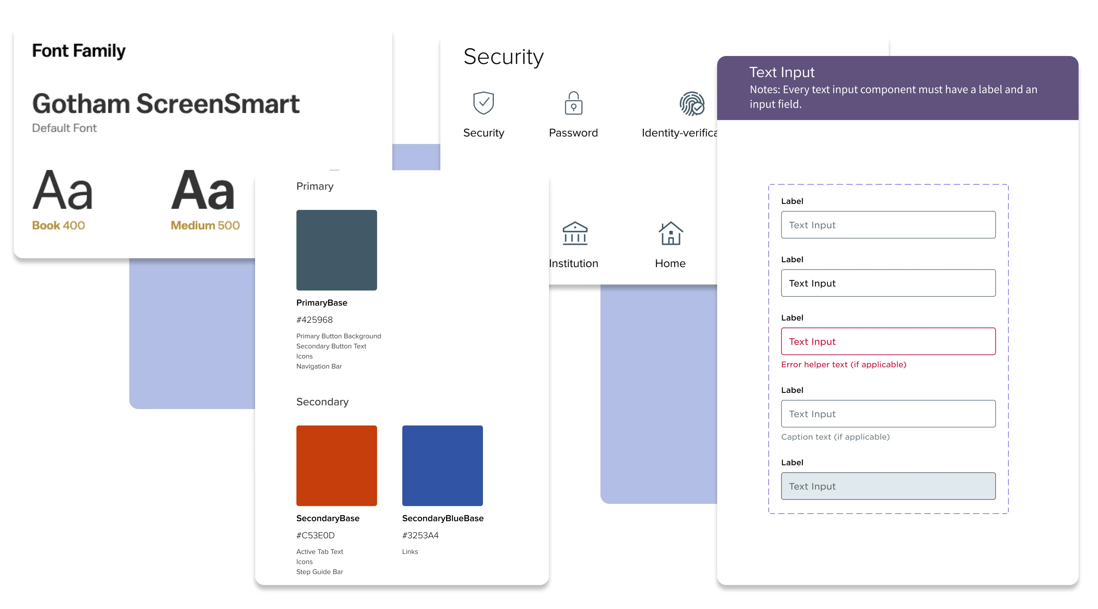 Currency design system foundations: Gotham ScreenSmart type specimens, security icons, primary and secondary color swatches, and text input states.