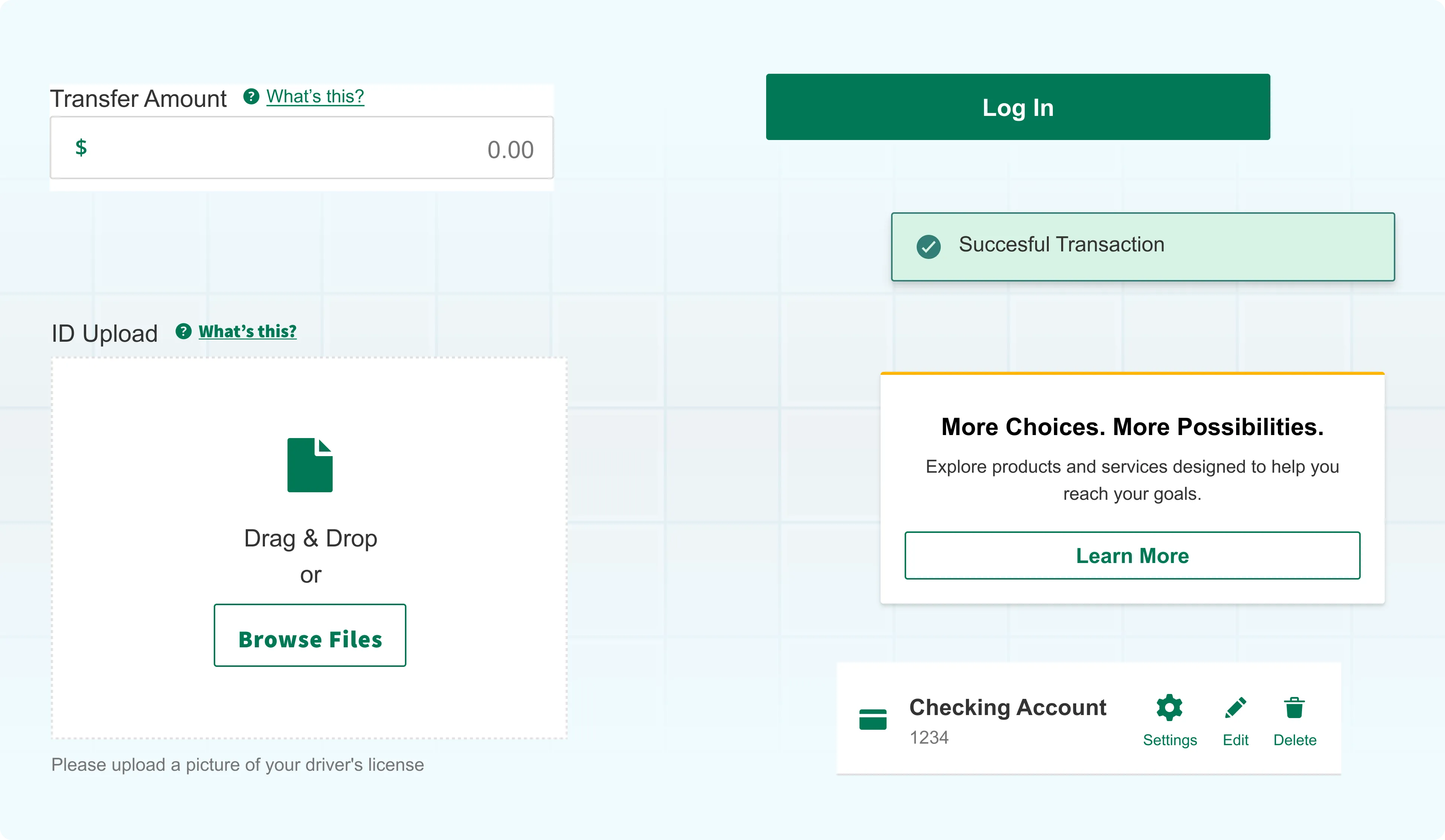 M&T Bank components from The Mint, including a currency input, file upload, login button, success message, promotional card and account row.