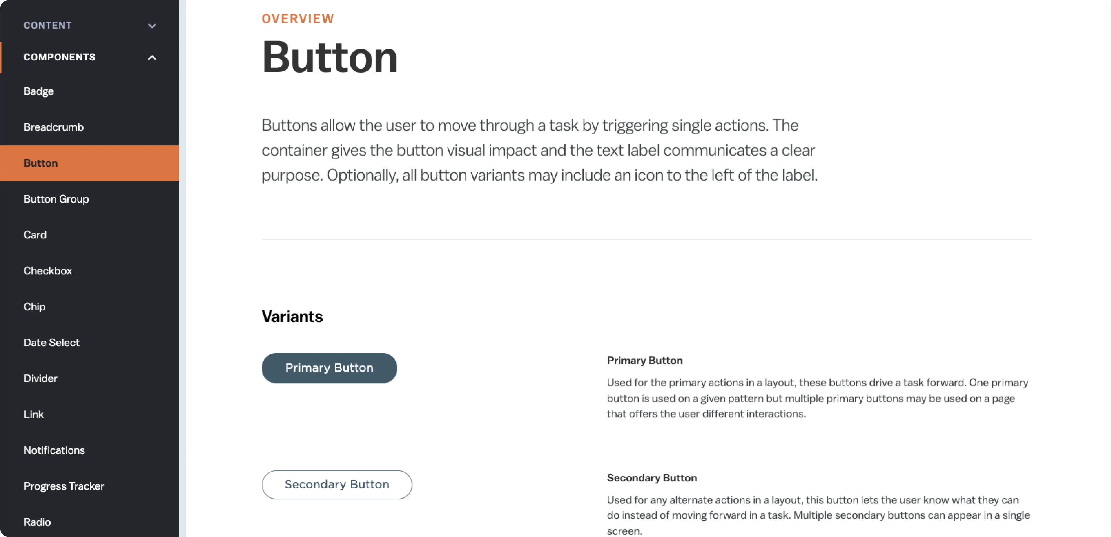 Currency documentation site page for the Button component, showing its overview and primary and secondary variants.