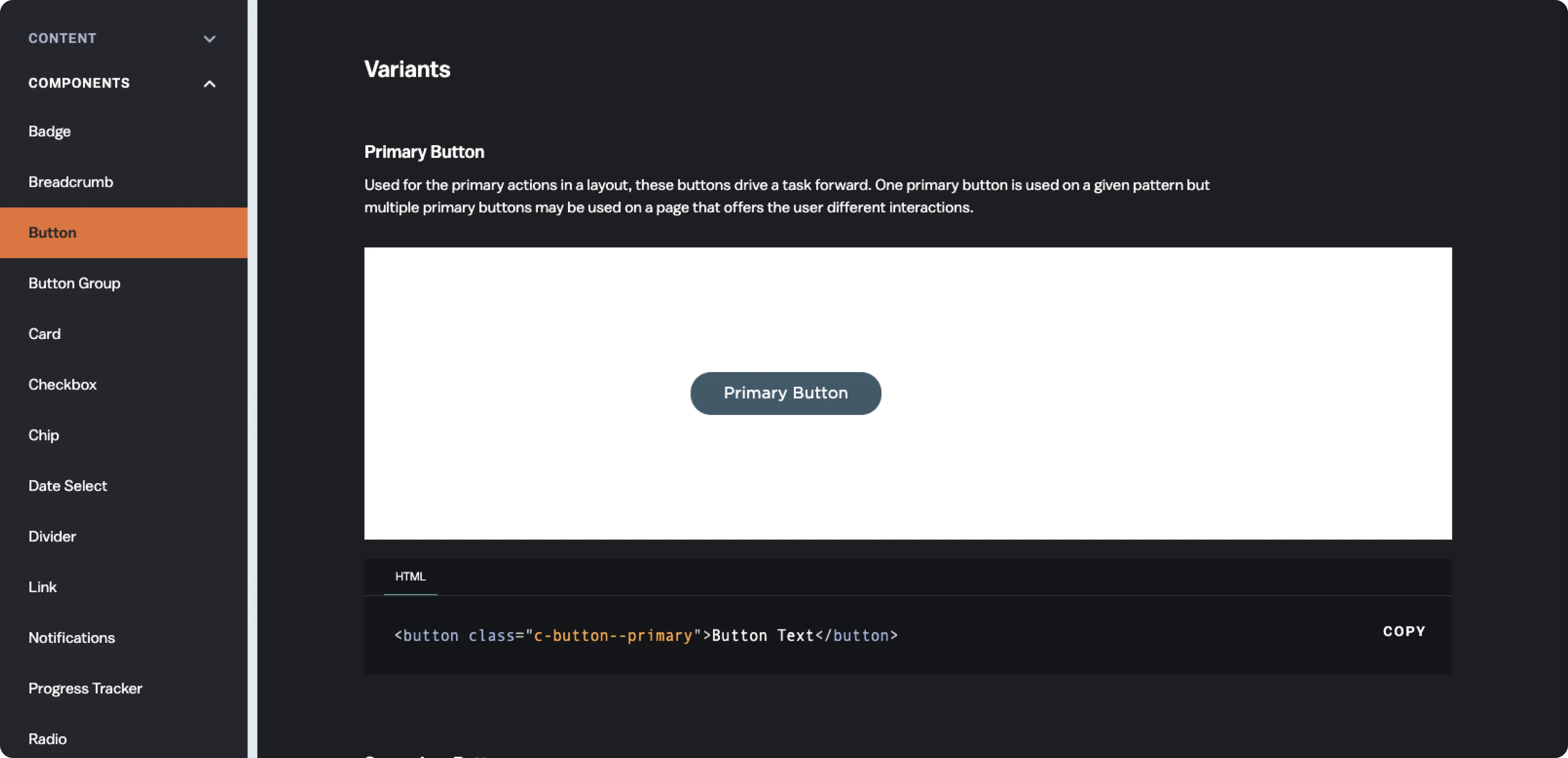 Currency documentation site showing a primary button example with its HTML code snippet.