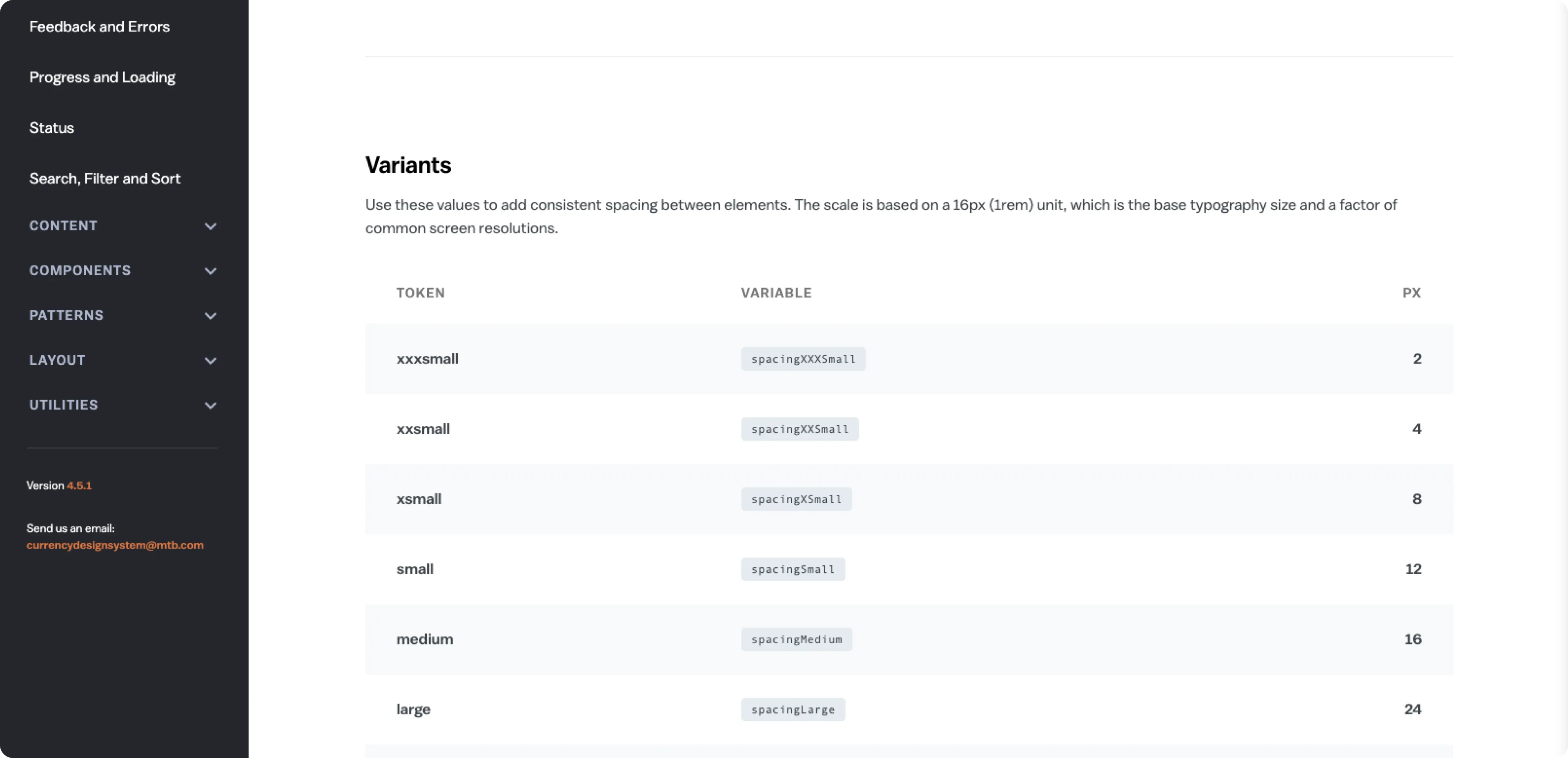 Currency documentation site page listing spacing tokens and their pixel values.