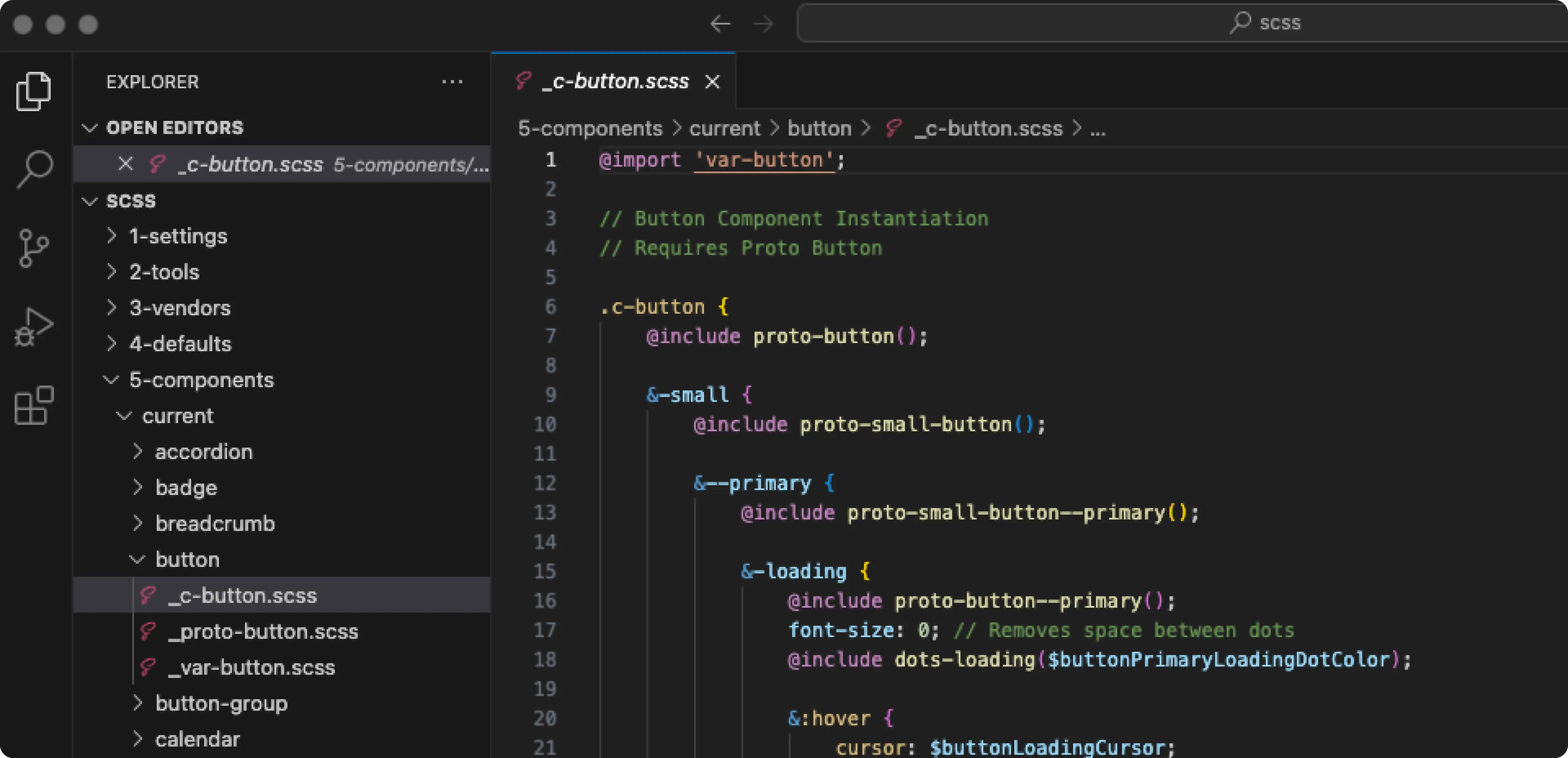 Code editor showing the Currency SCSS repository structure and the button component styles.