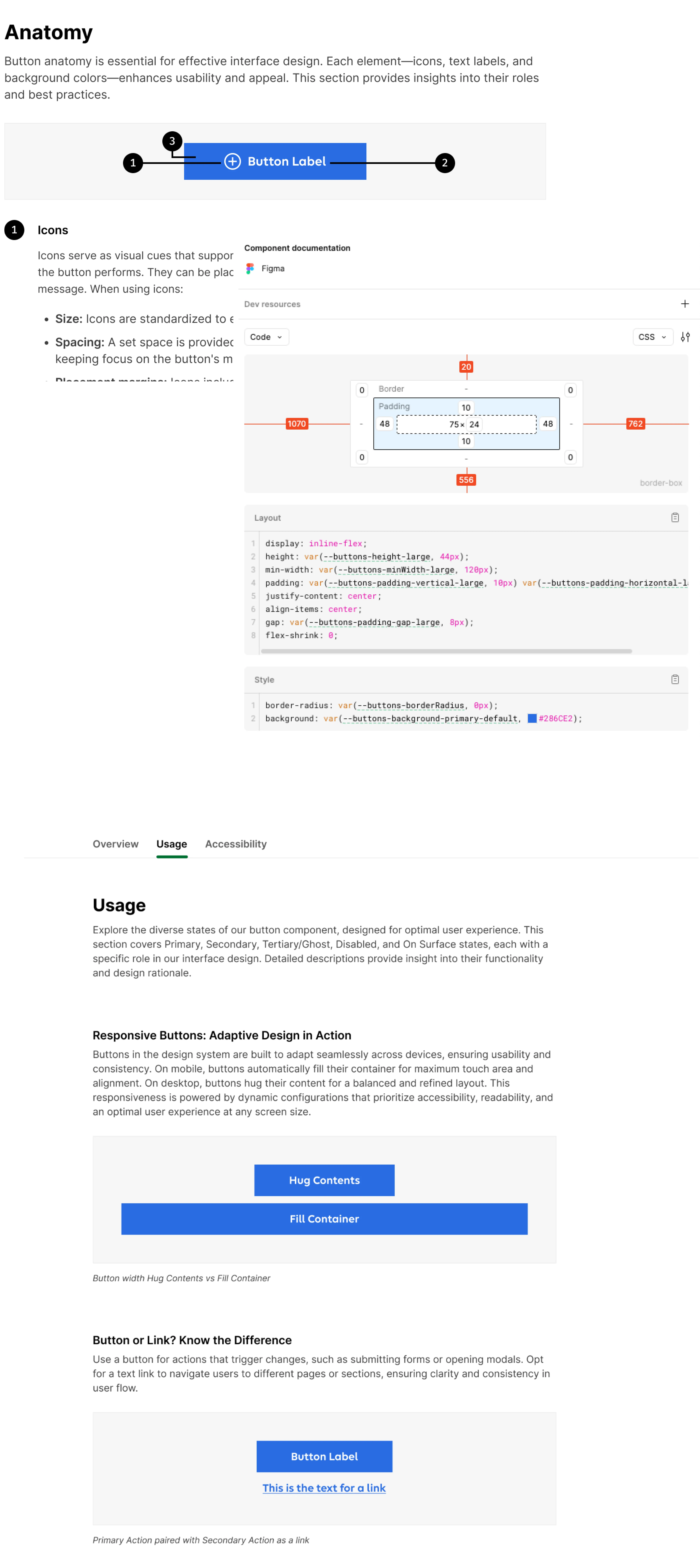 Developer portal documentation page for the button component, covering anatomy, props and usage guidelines.