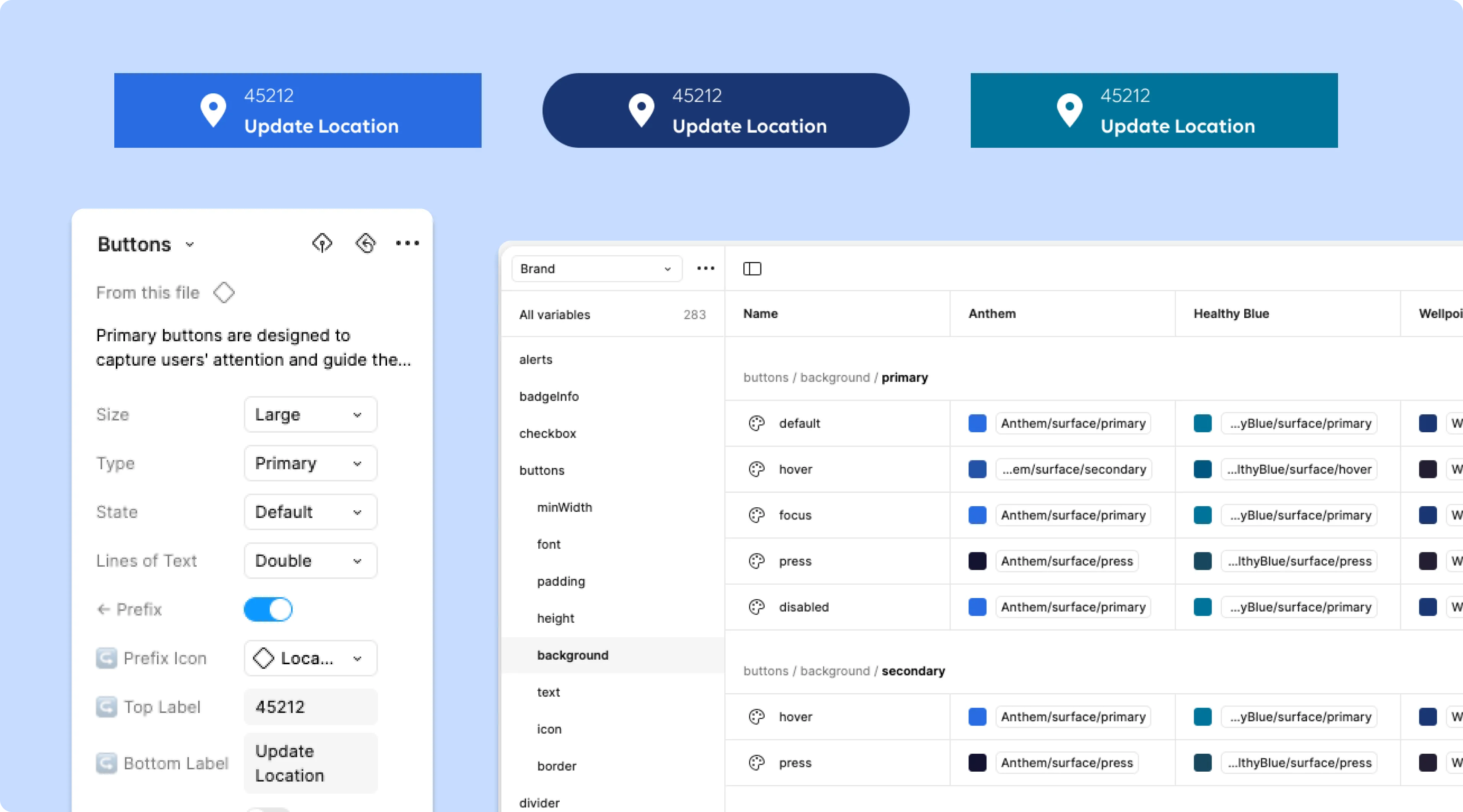 Enterprise design system button component in three brand themes alongside Figma component properties and brand variable tables.