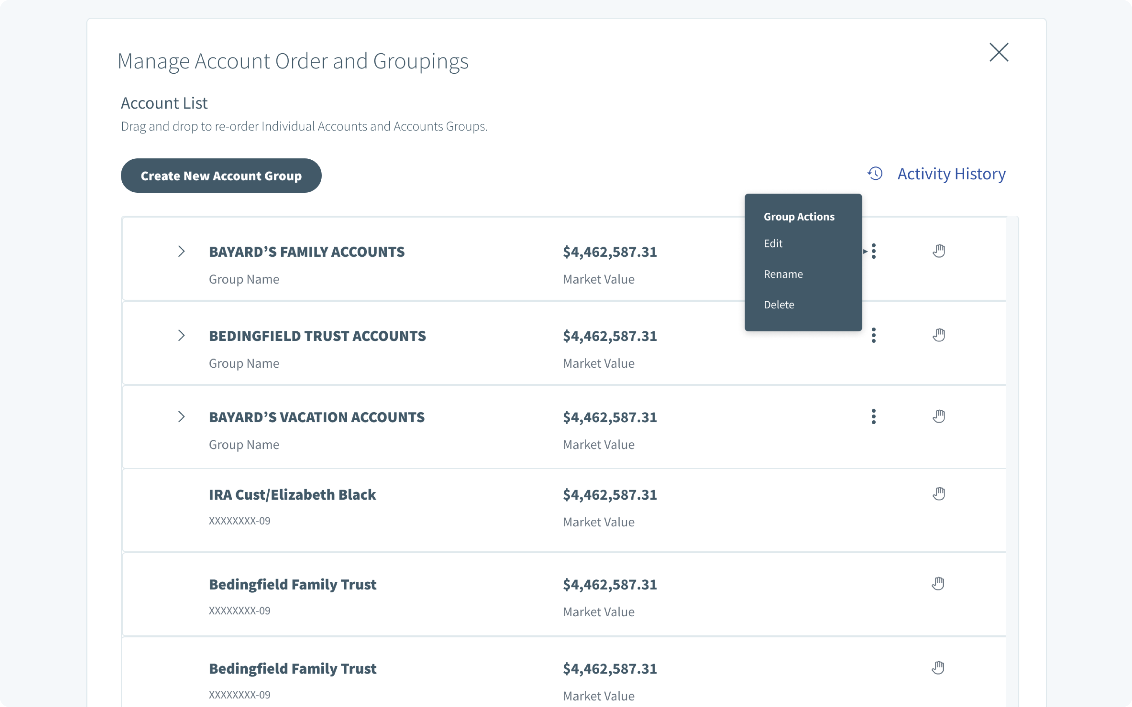 Account list with the Group Actions menu open on a group row, showing Edit, Rename, and Delete.