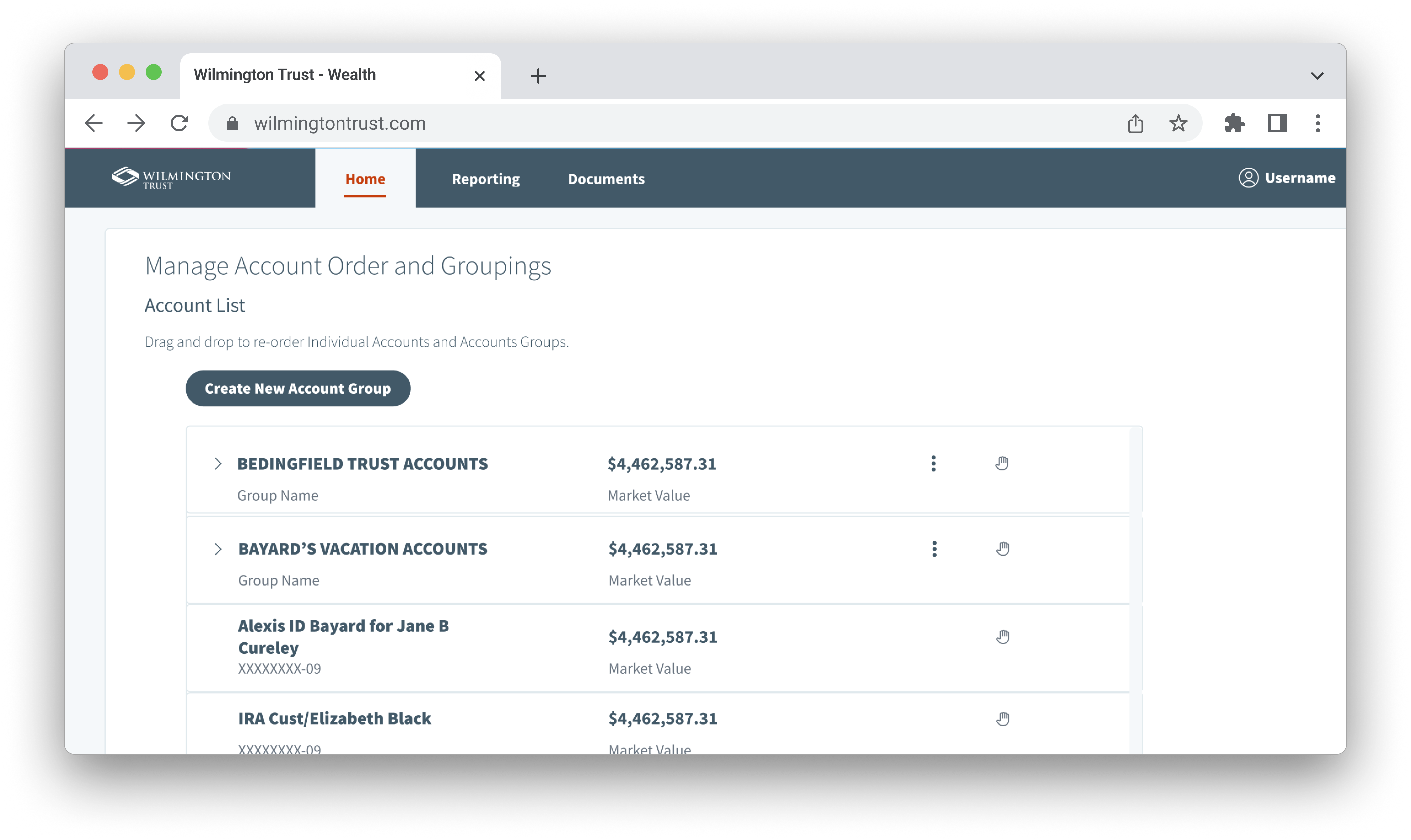 The Manage Account Order and Groupings page in a browser window, listing account groups and individual accounts with their market values.