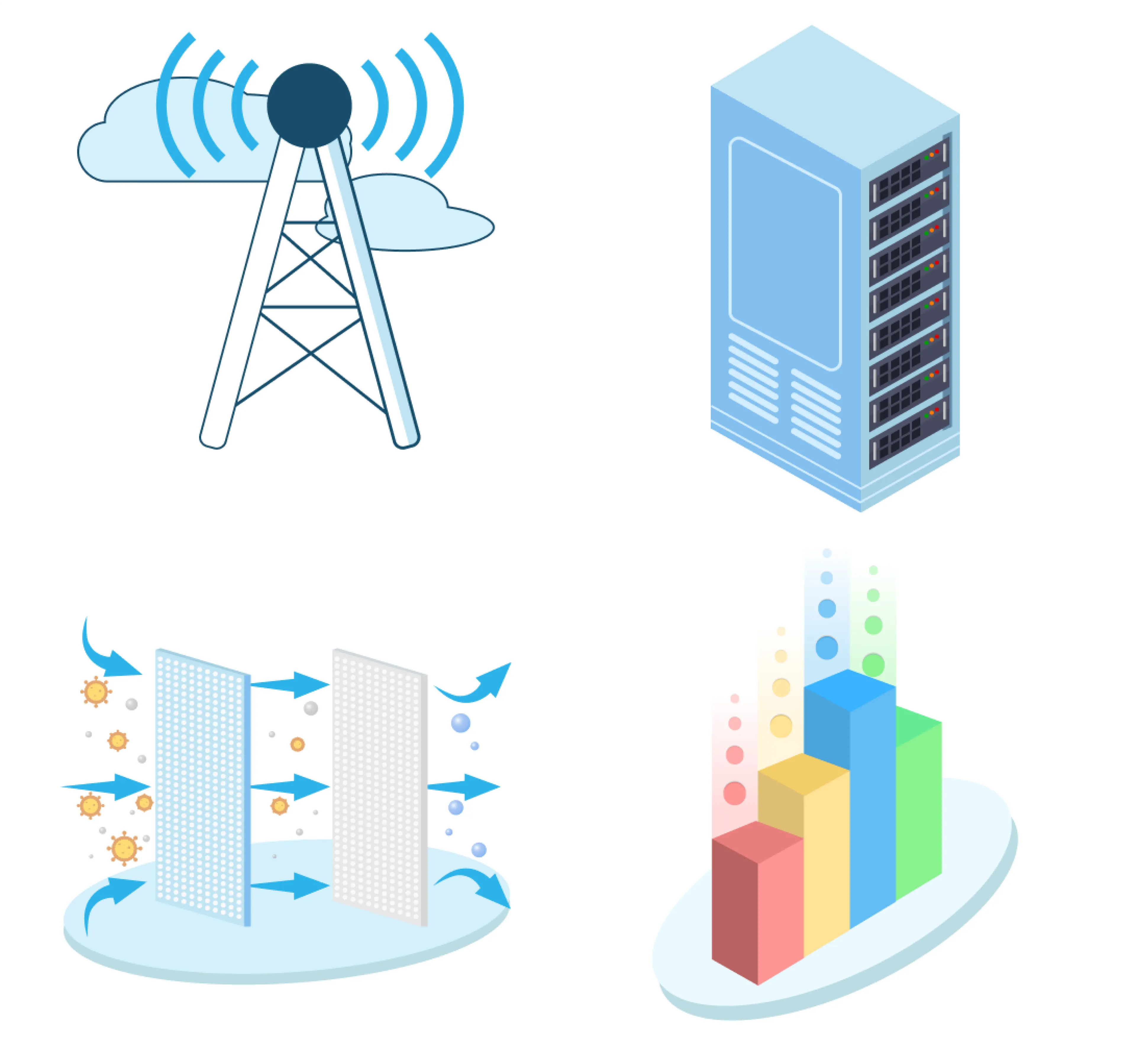 Isometric illustrations for Intellastar: a cell tower, a server rack, air filters and a bar chart.