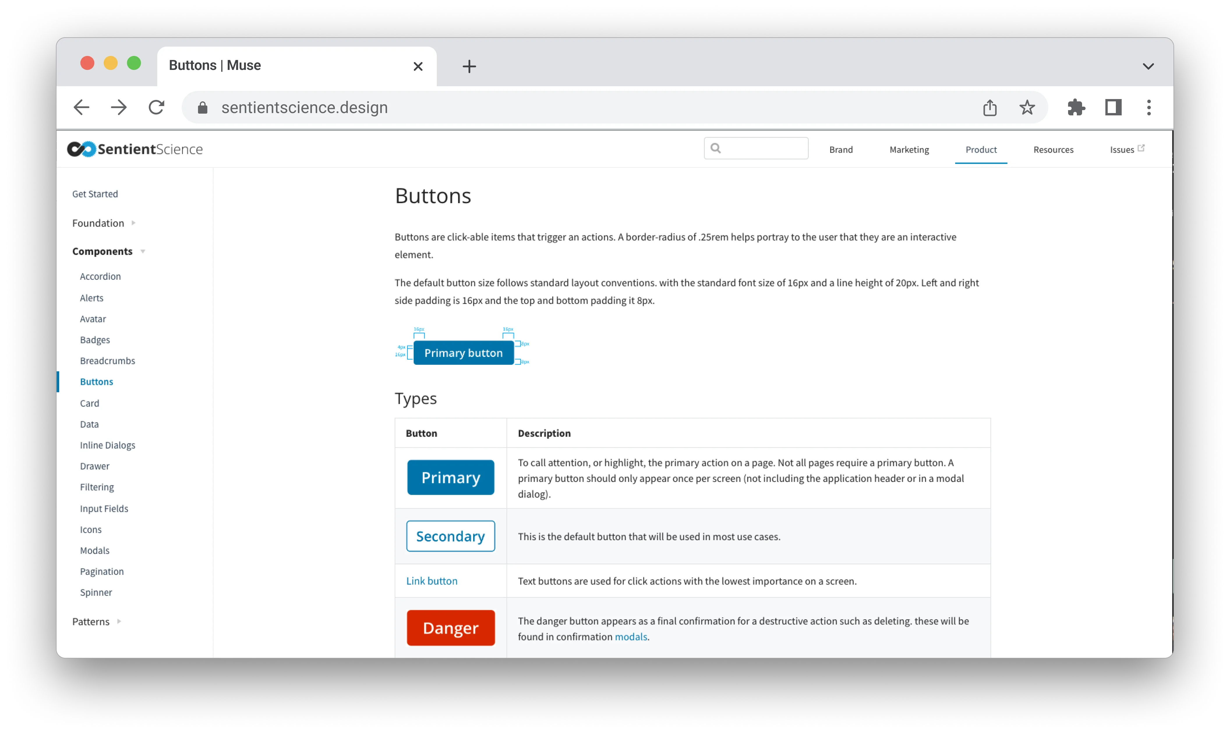 The Muse design system documentation site in a browser, showing the Buttons page with primary, secondary, link and danger types.