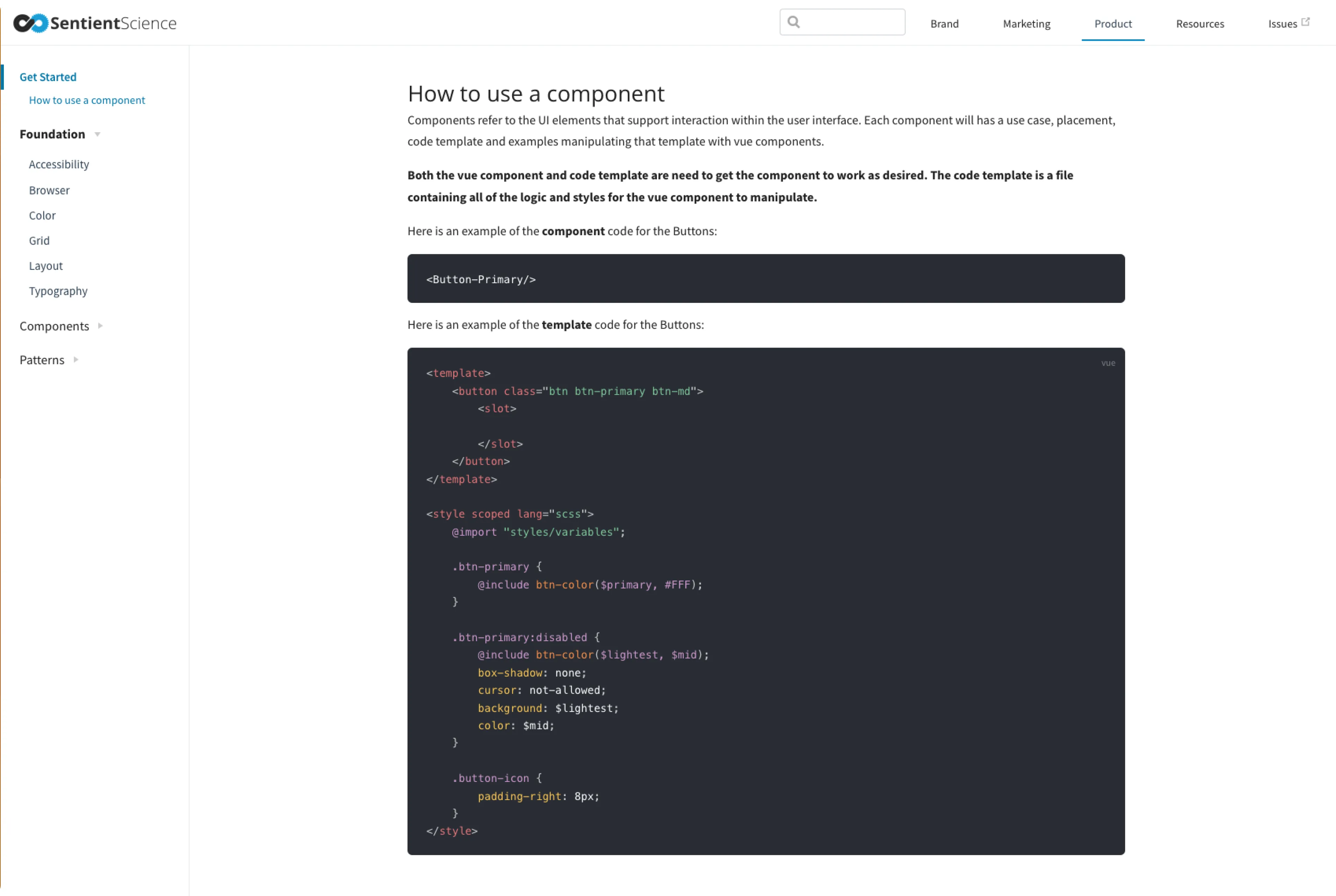 Muse documentation page explaining how to use a component, with Vue component and template code examples.