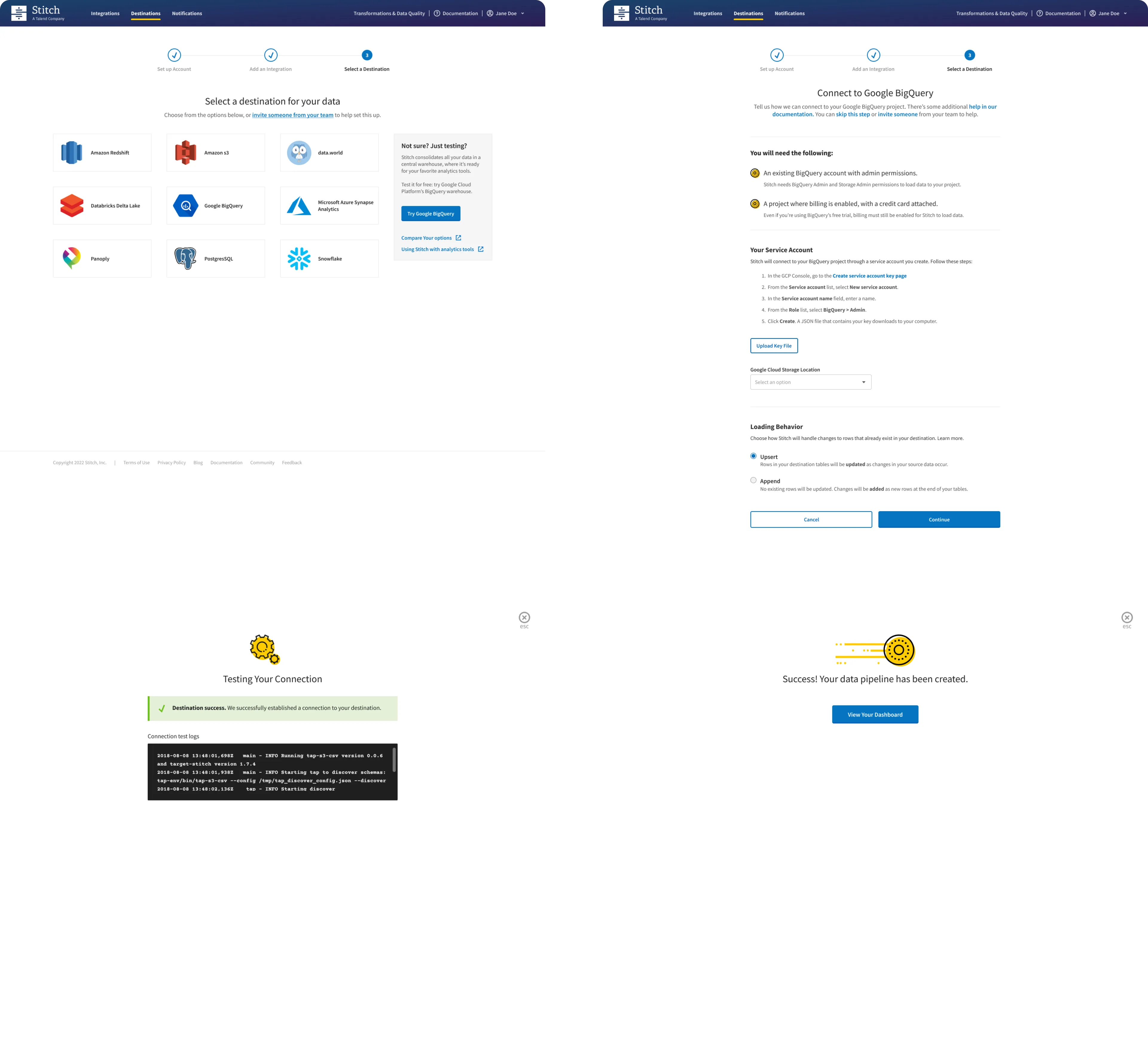 Original screens for adding a destination: selecting a warehouse, connecting, testing and the success message.