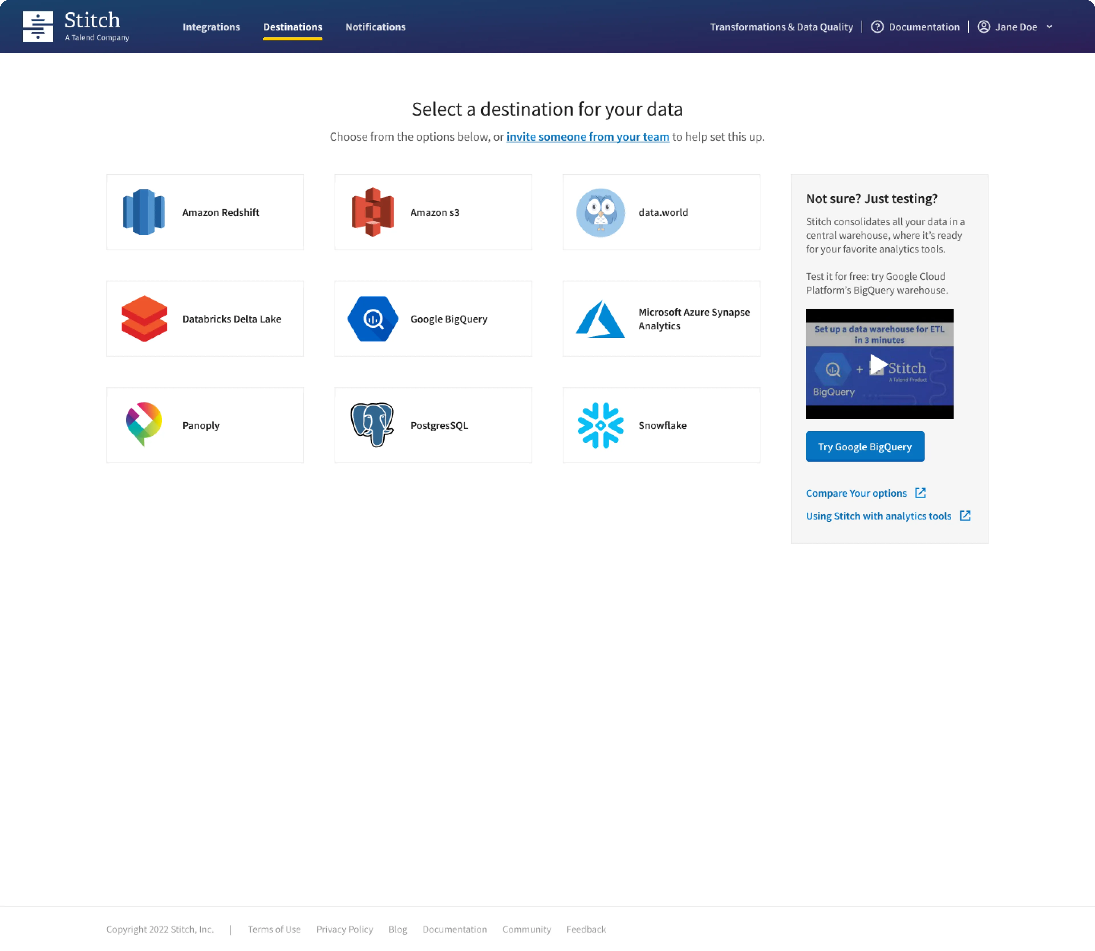 Redesigned destination selection page with warehouse options and a panel suggesting a free test warehouse.