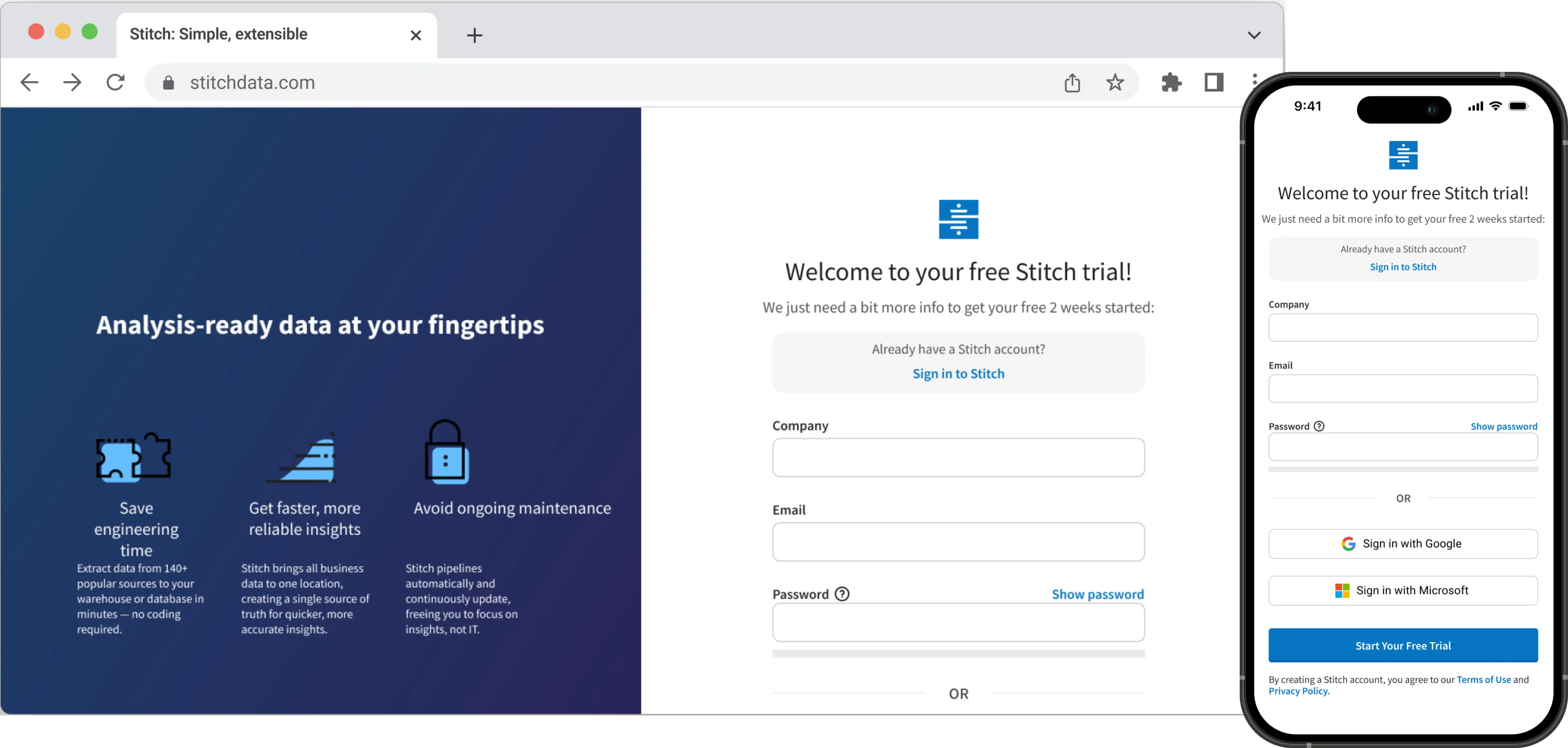 Stitch free trial sign-up page on desktop and mobile, with value propositions beside the sign-up form.