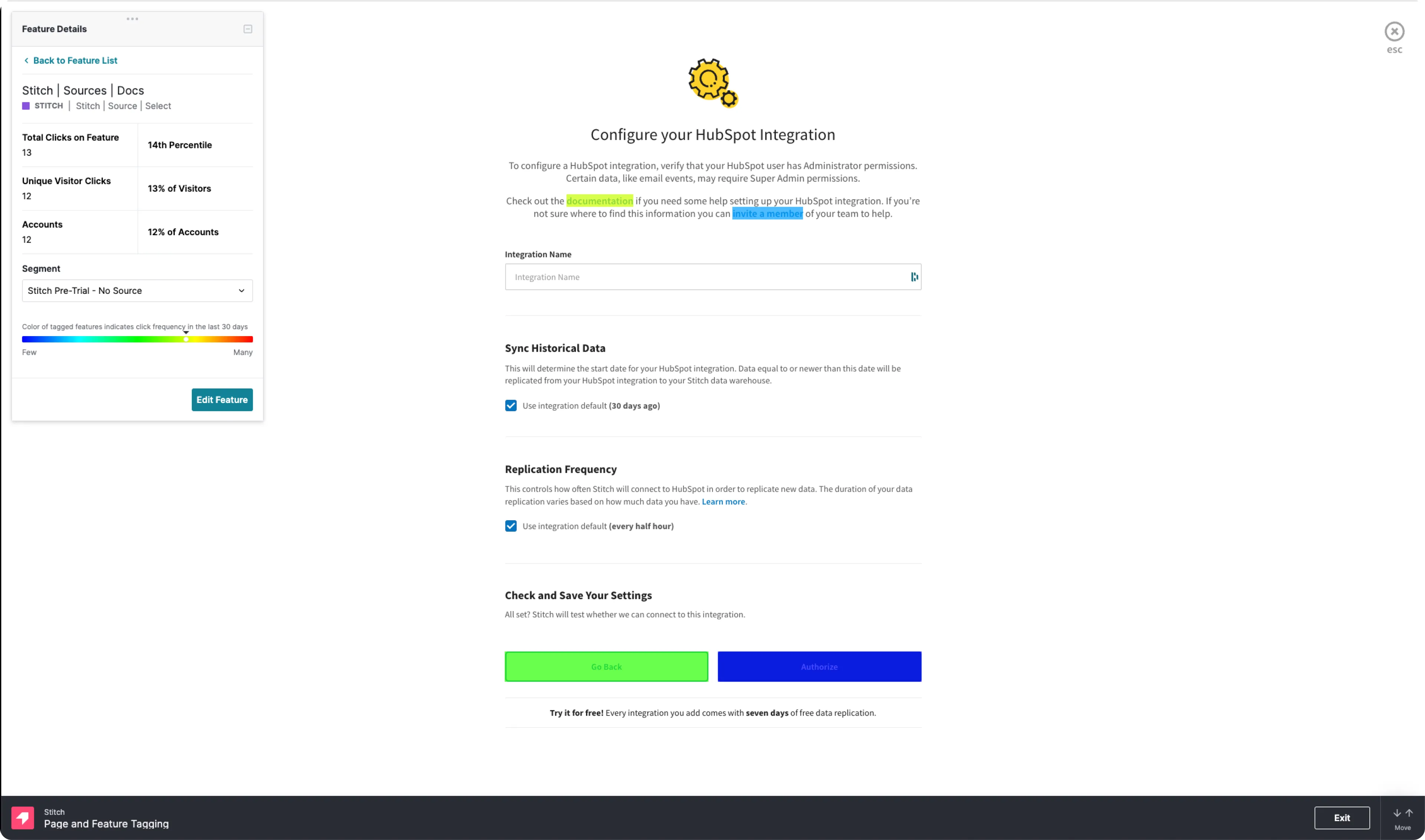 Analytics overlay on the HubSpot integration configuration page showing click activity on the setup form.