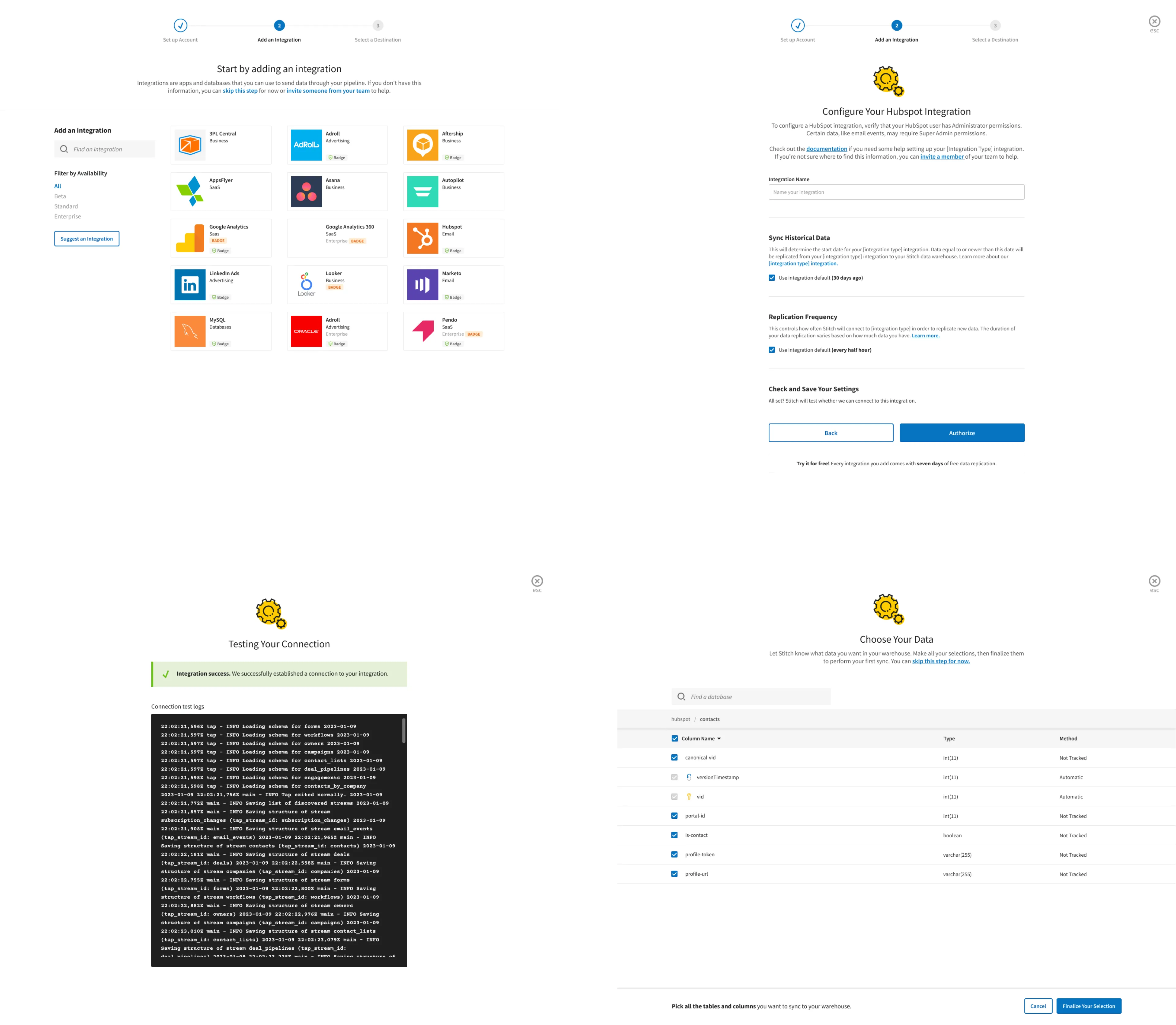 Original screens for adding an integration: choosing a source, configuring it, testing the connection and choosing data.