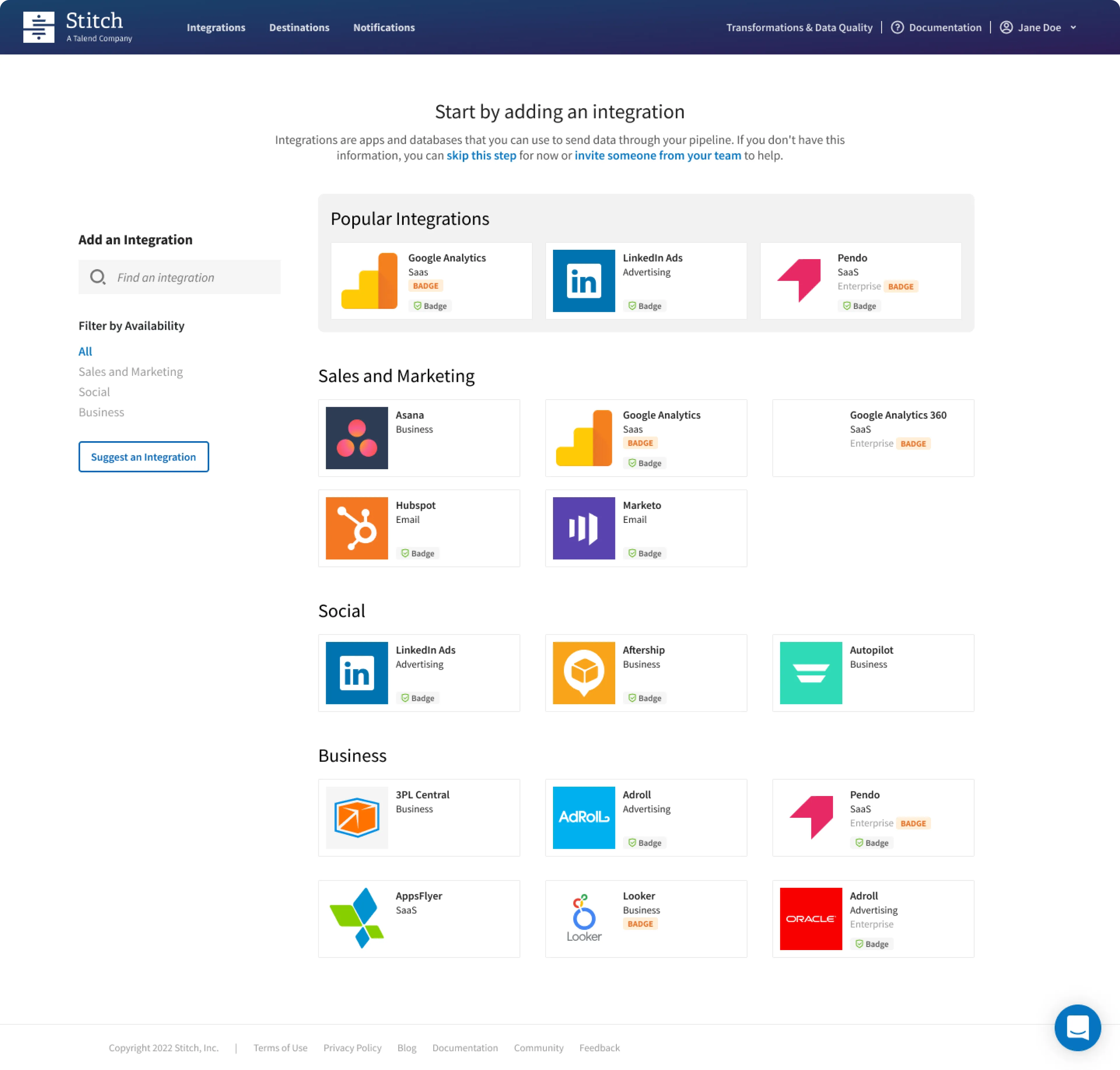 Redesigned Add an Integration page with search, filters and popular integrations grouped by category.