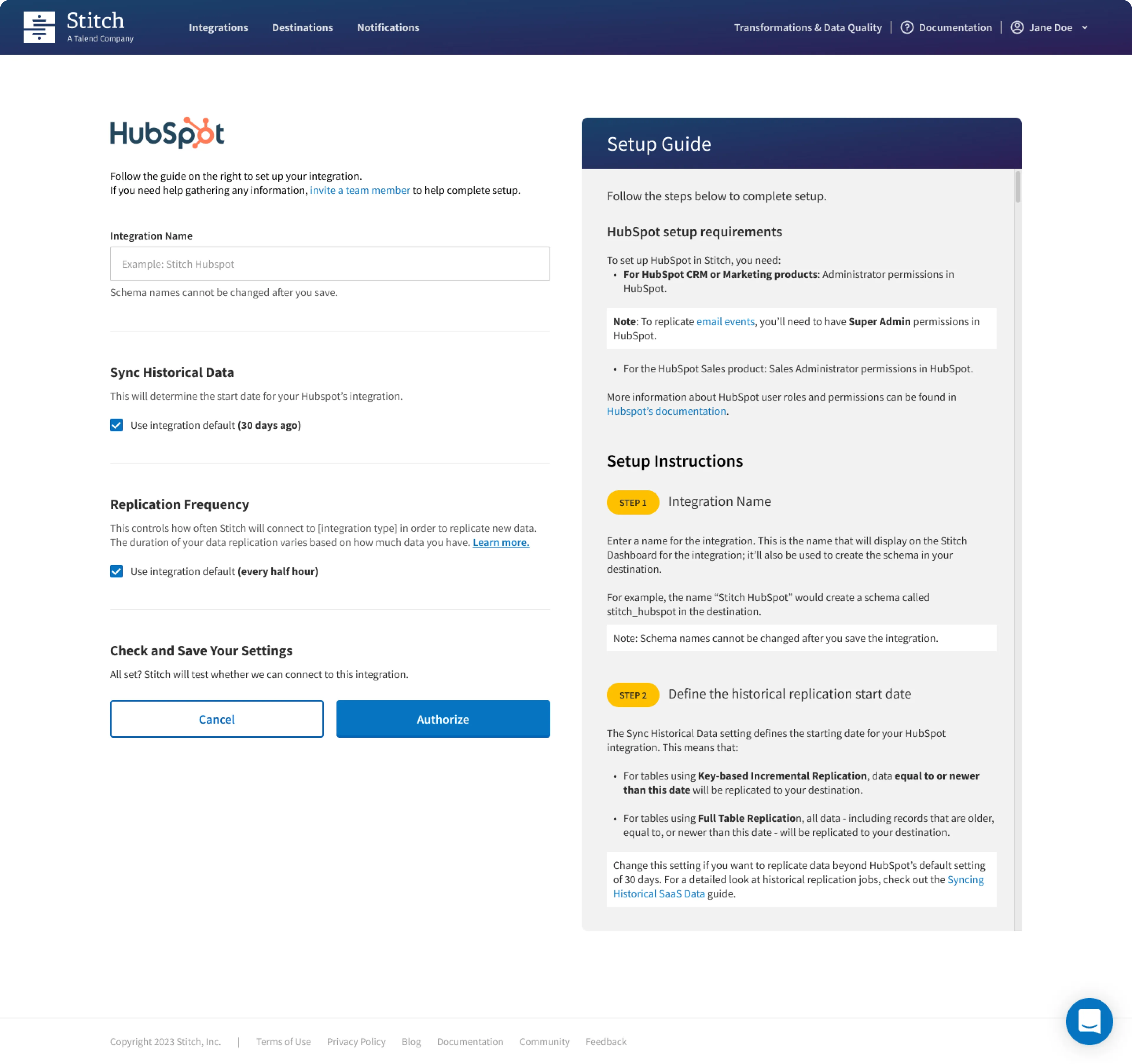 HubSpot integration setup form with a step-by-step Setup Guide panel beside it.
