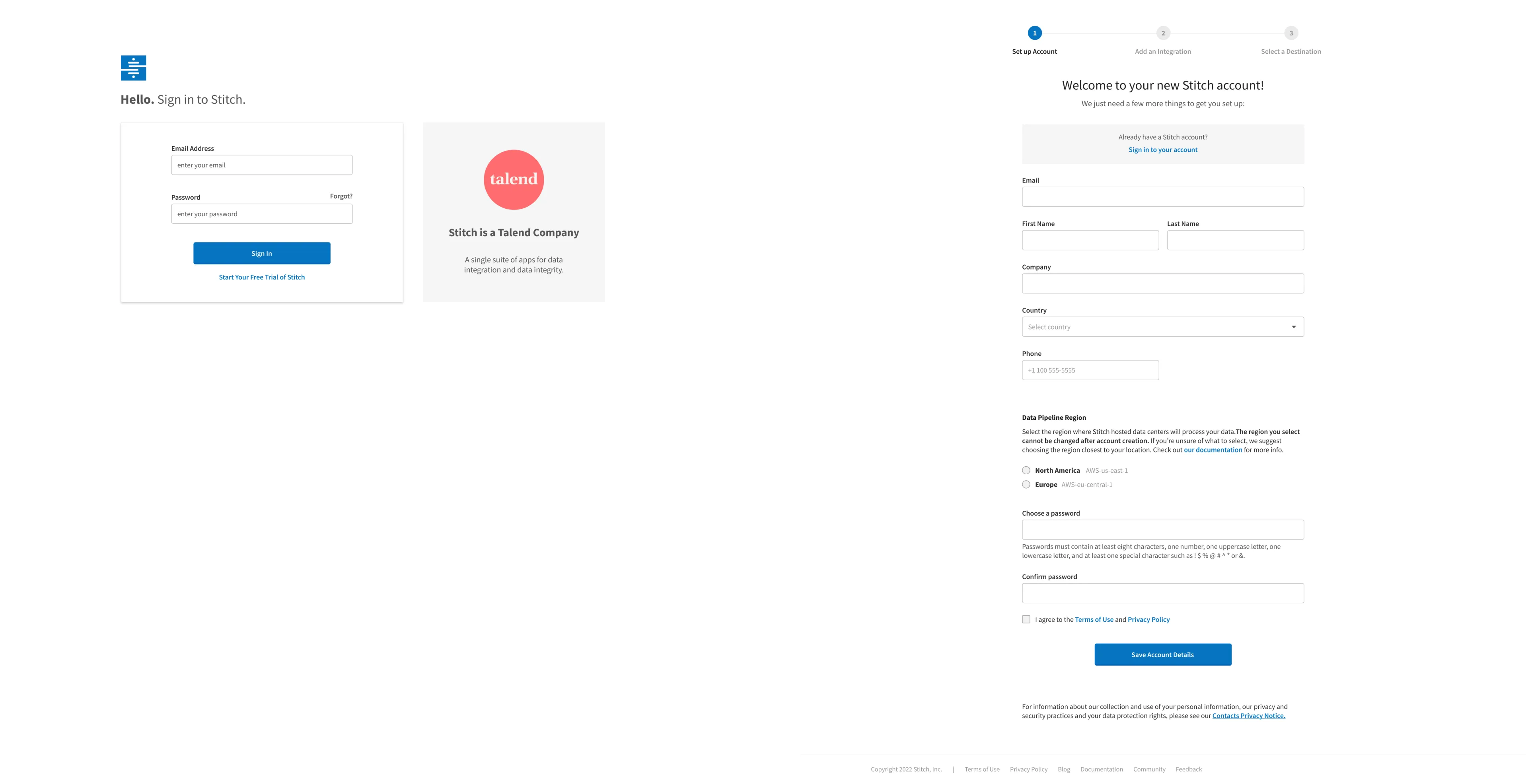 Original Stitch sign-in page and account sign-up form.