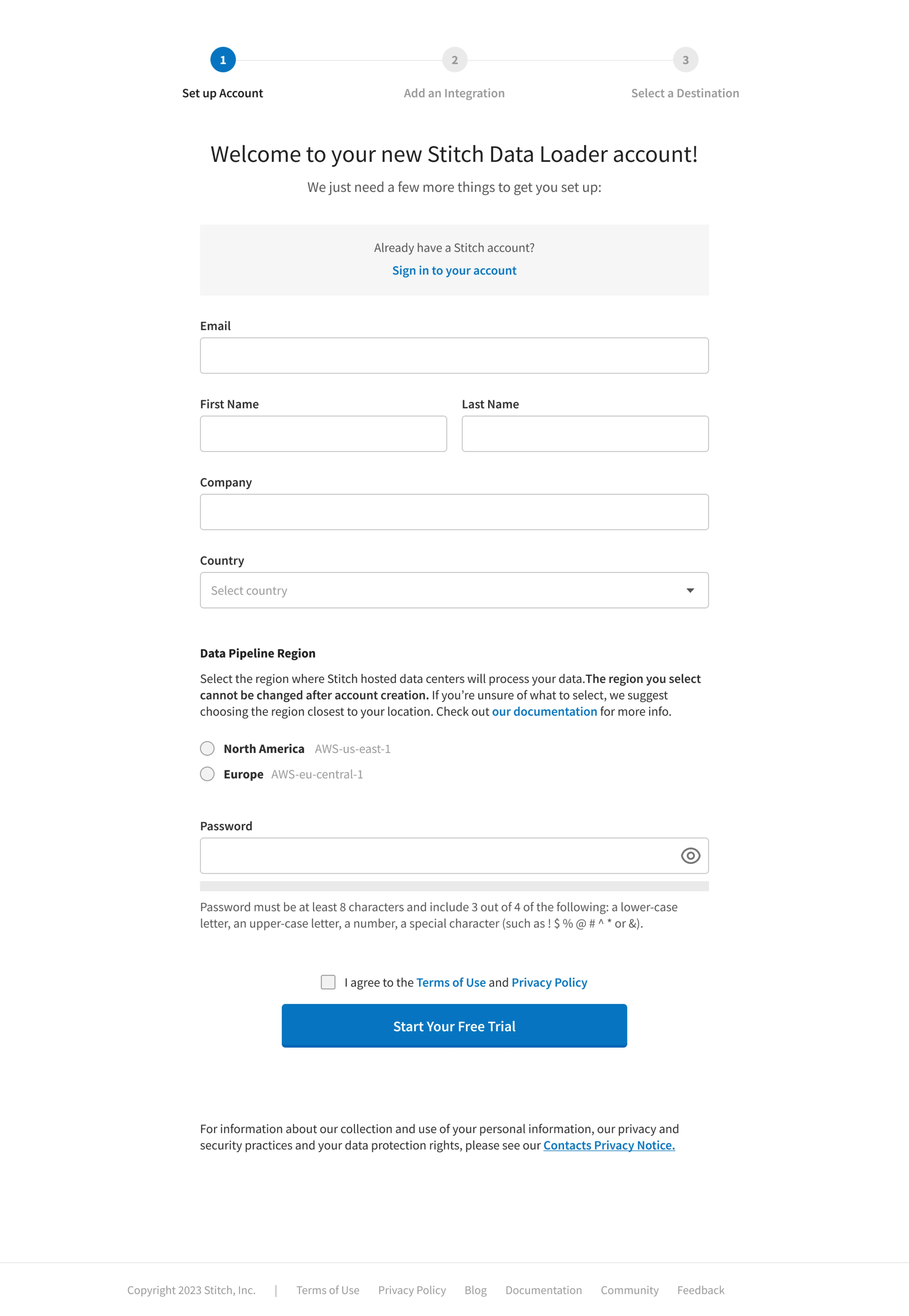 Stitch Data Loader account sign-up form with a three-step progress indicator.