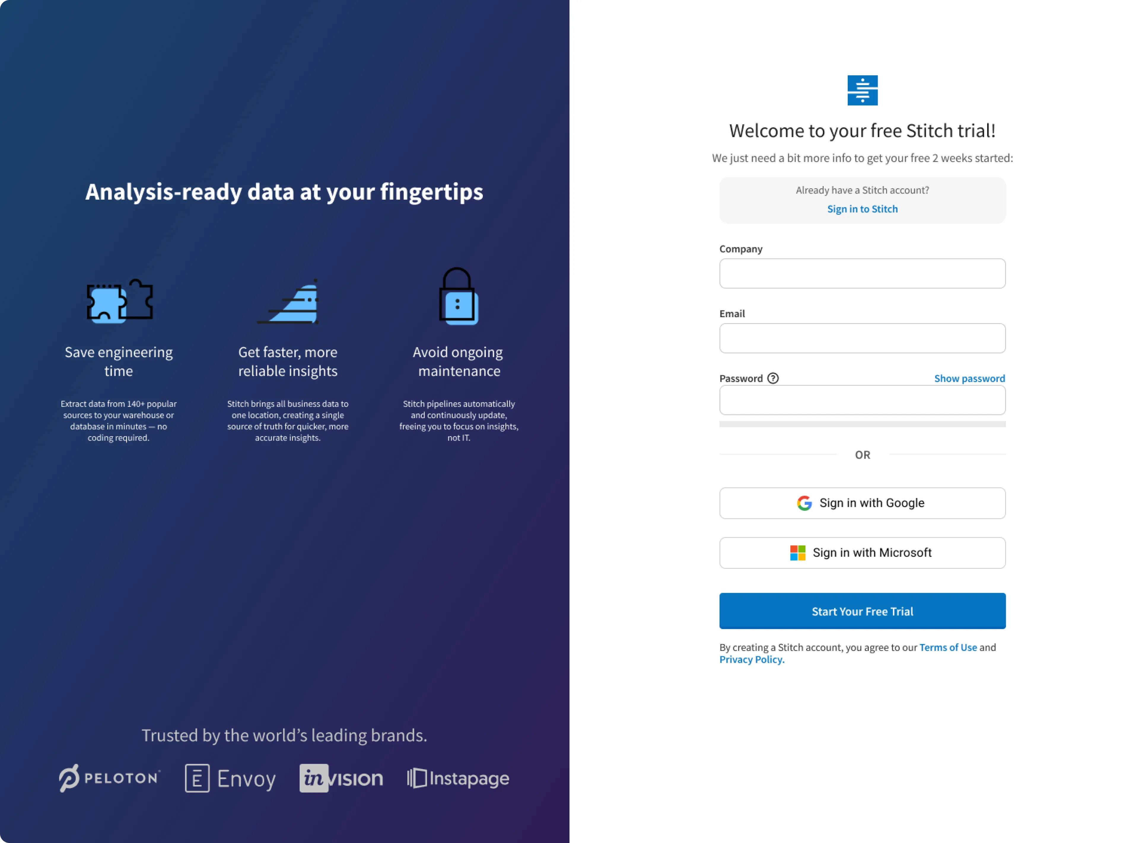 Redesigned Stitch free trial sign-up page with value propositions, single sign-on options and trusted brand logos.