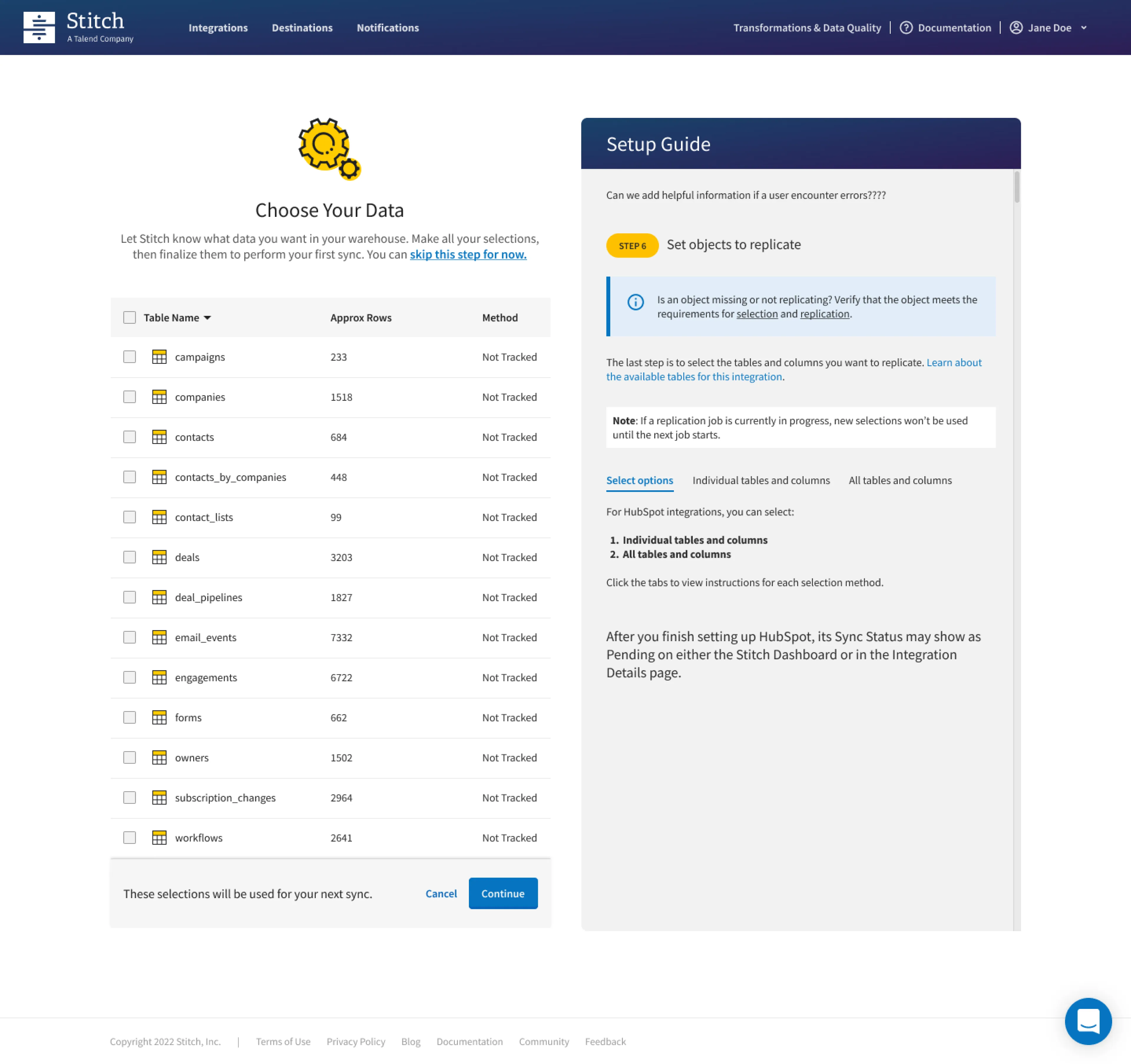 Choose Your Data step for selecting tables to replicate, with a Setup Guide panel.