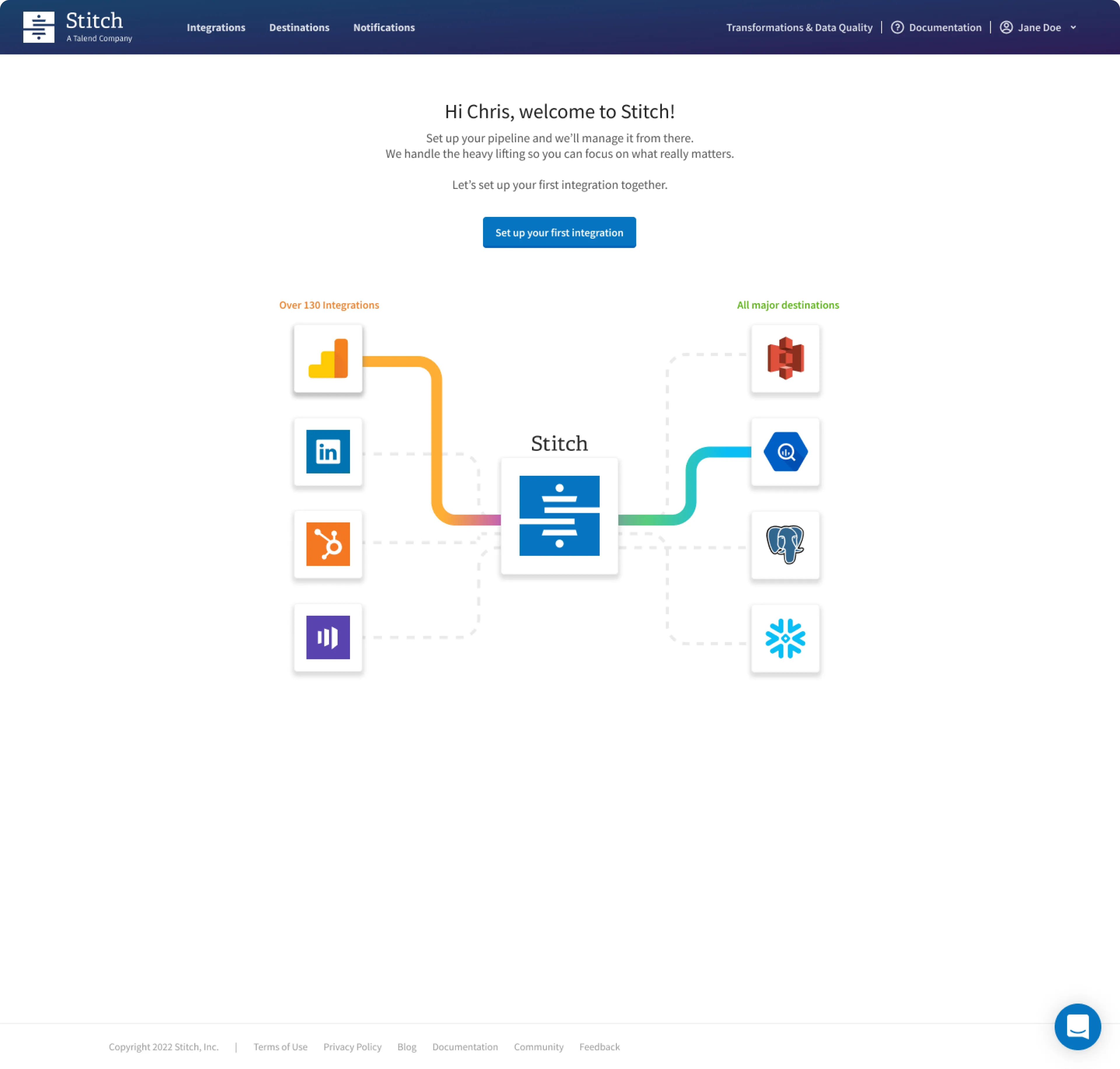 Redesigned welcome page greeting the user and illustrating integrations flowing through Stitch to destinations.