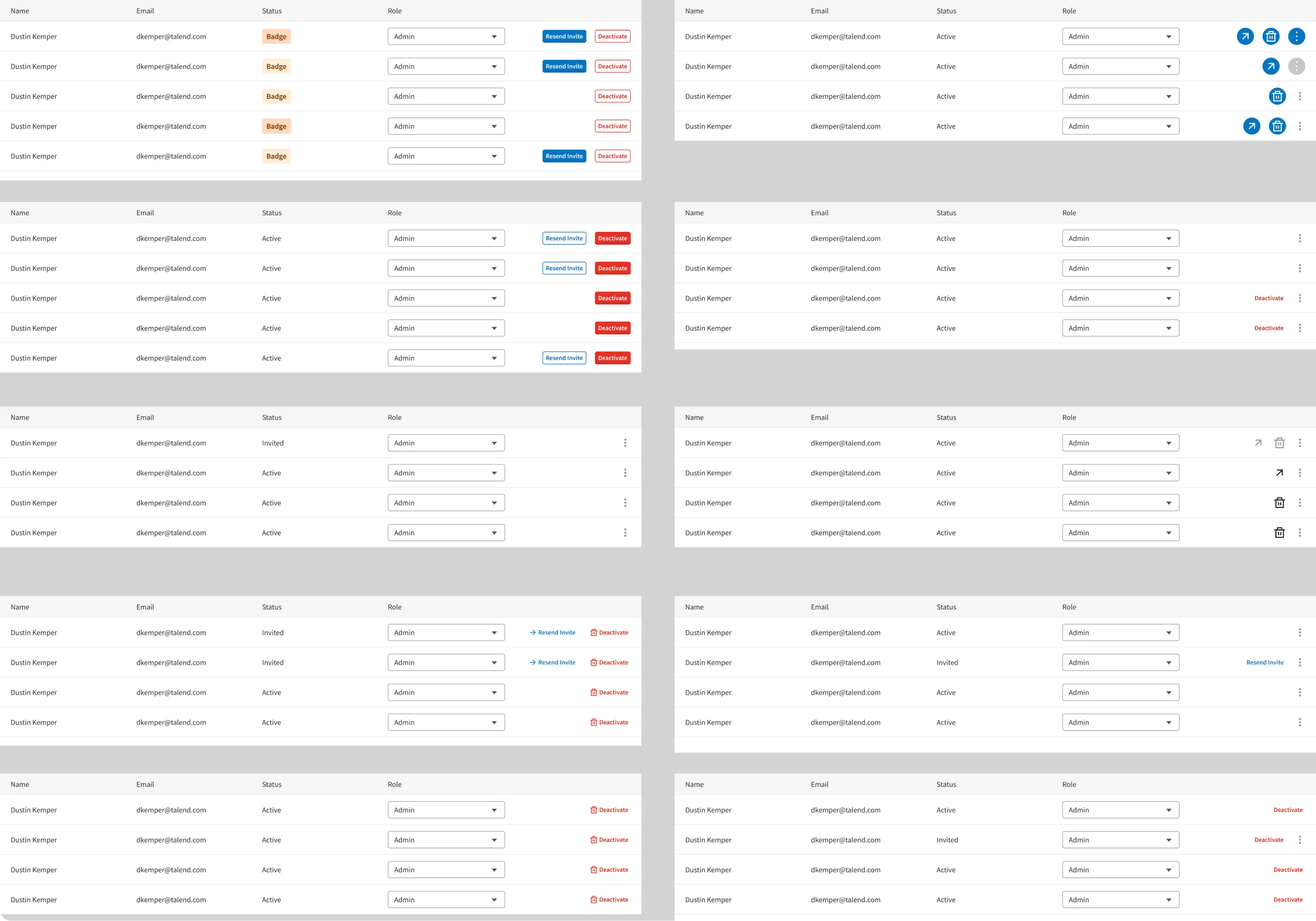 Grid of team member table explorations with different role selectors, badges and action placements.