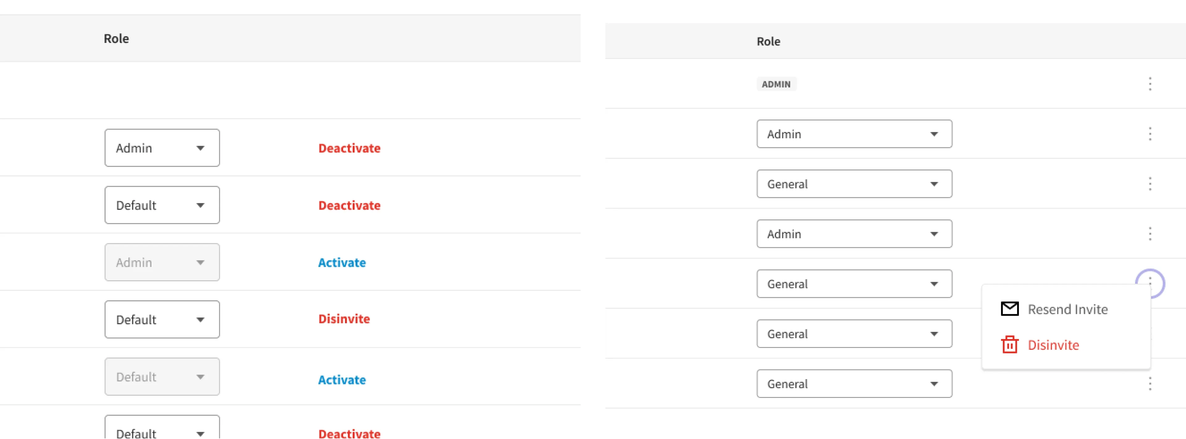 Team member table explorations comparing inline deactivate and activate links with an overflow menu for resending invites and removing members.