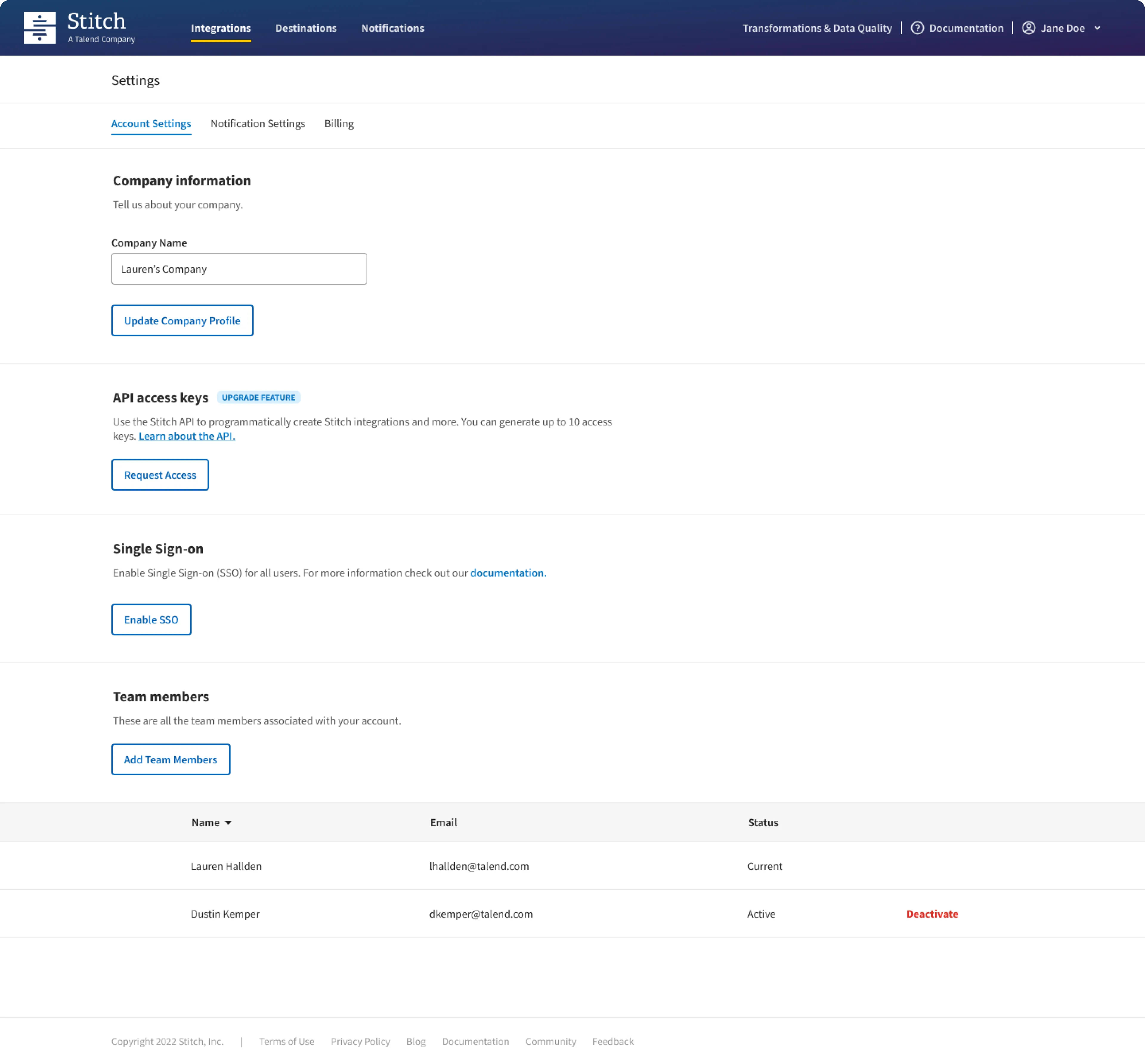 The original Stitch account settings page with the team members list at the bottom of the page.