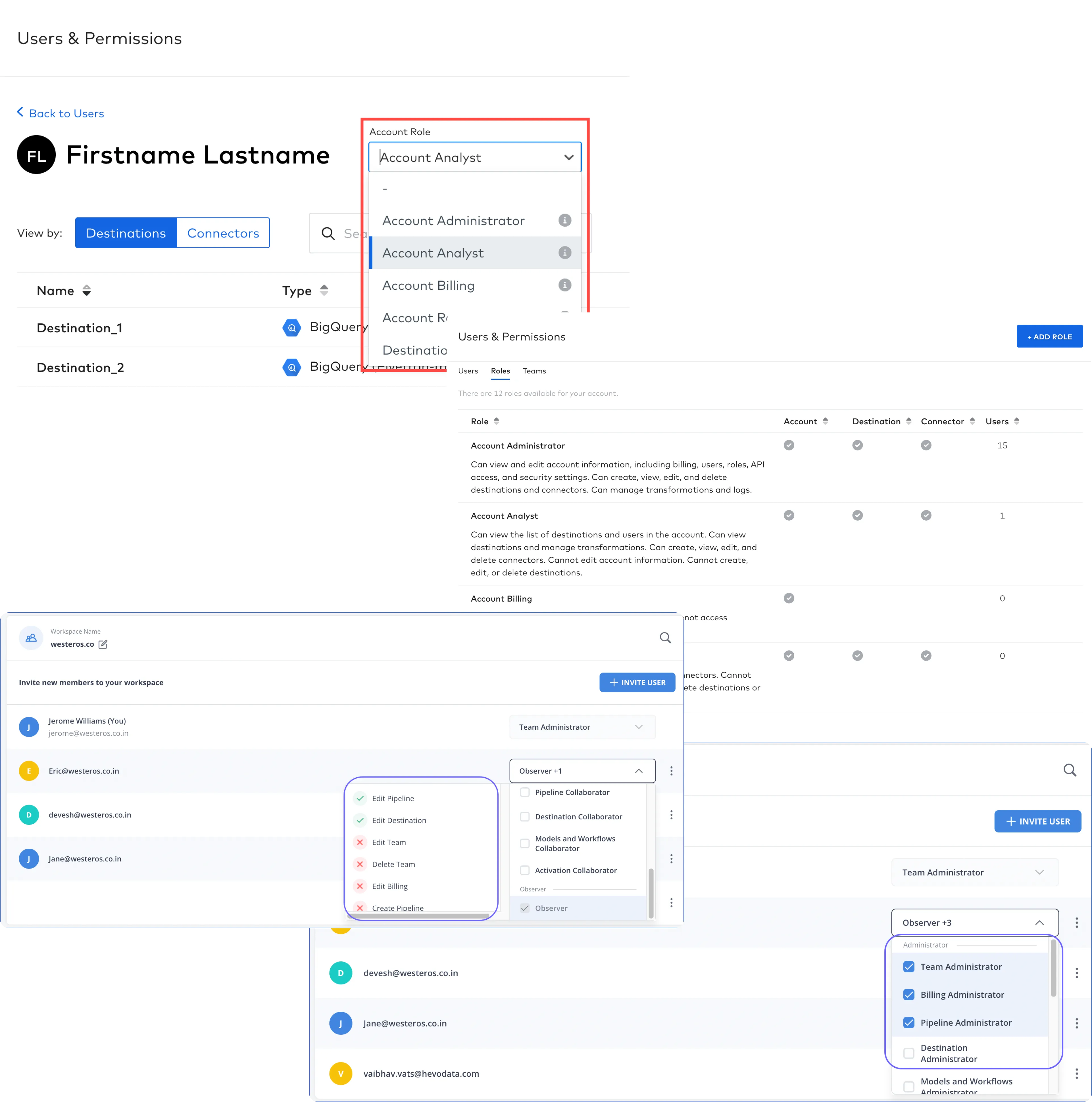 Competitive analysis screenshots of user and permission management in other products.