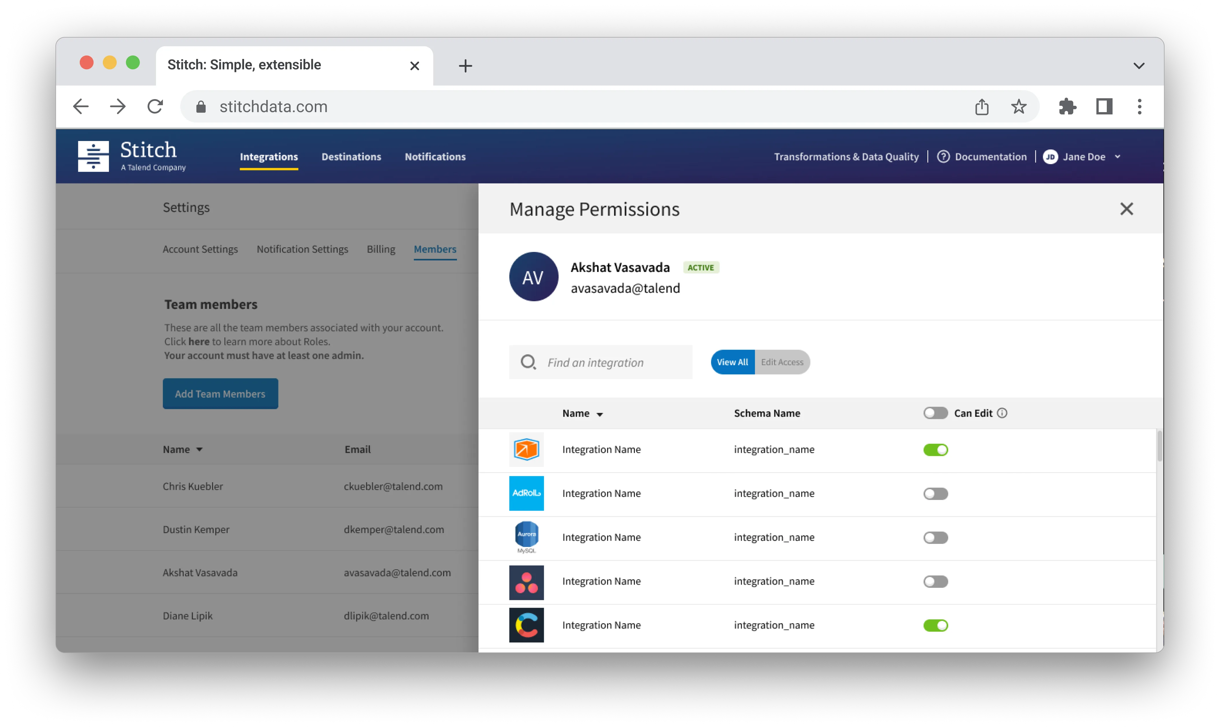 Stitch Manage Permissions panel in a browser, listing integrations with toggles to control editing access for a team member.