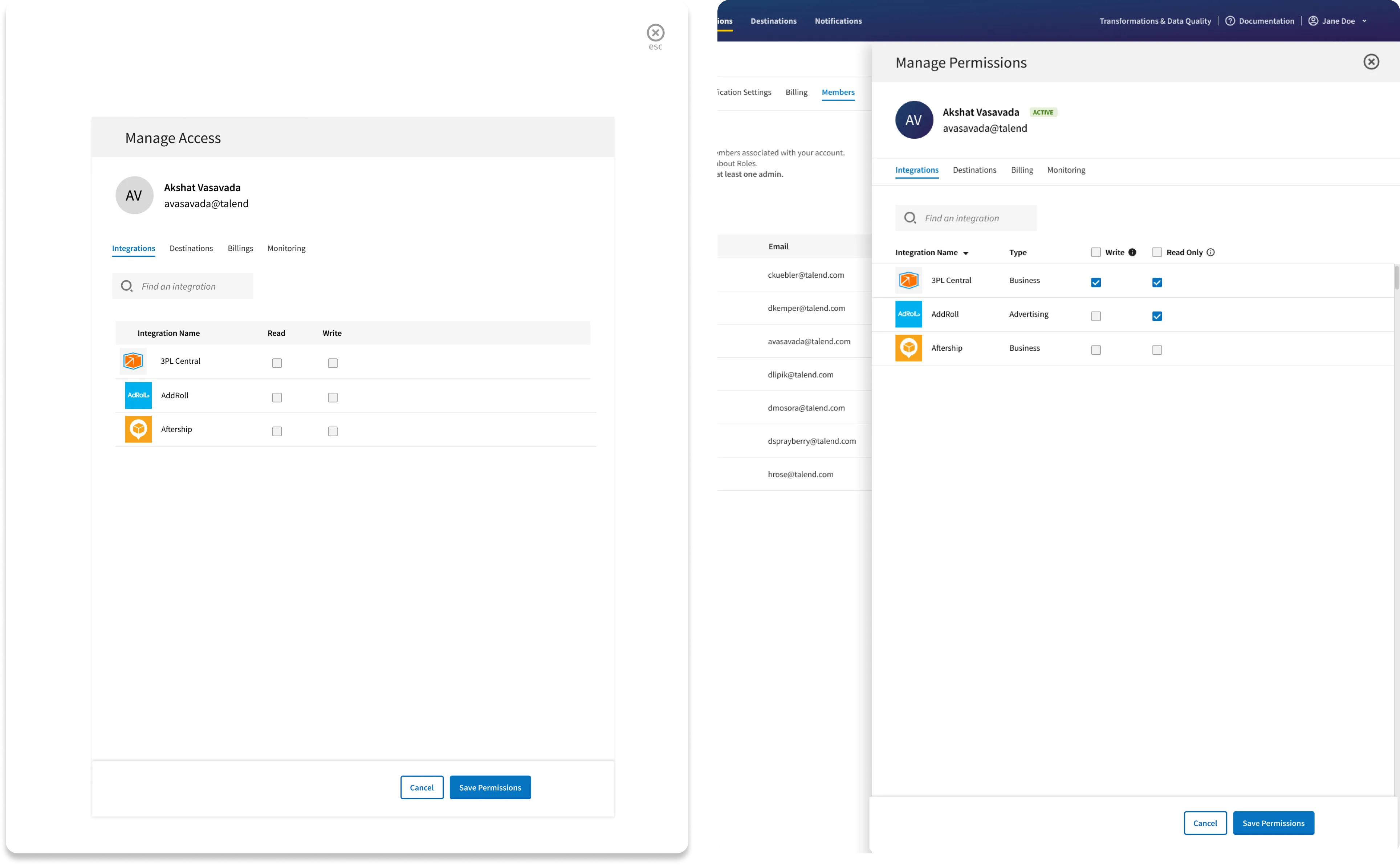 Comparison of a Manage Access modal and a Manage Permissions side drawer for setting read and write access per integration.