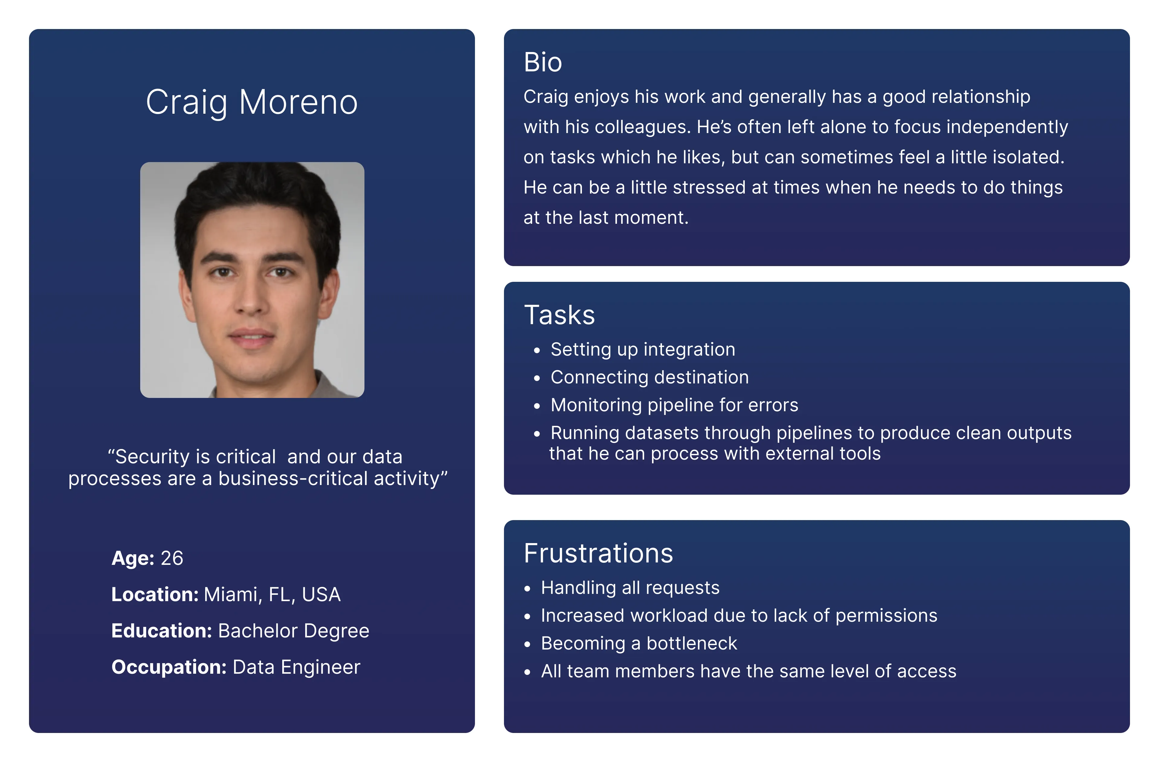 Persona for Craig Moreno, a data engineer, with a bio, tasks, frustrations and a quote about security.