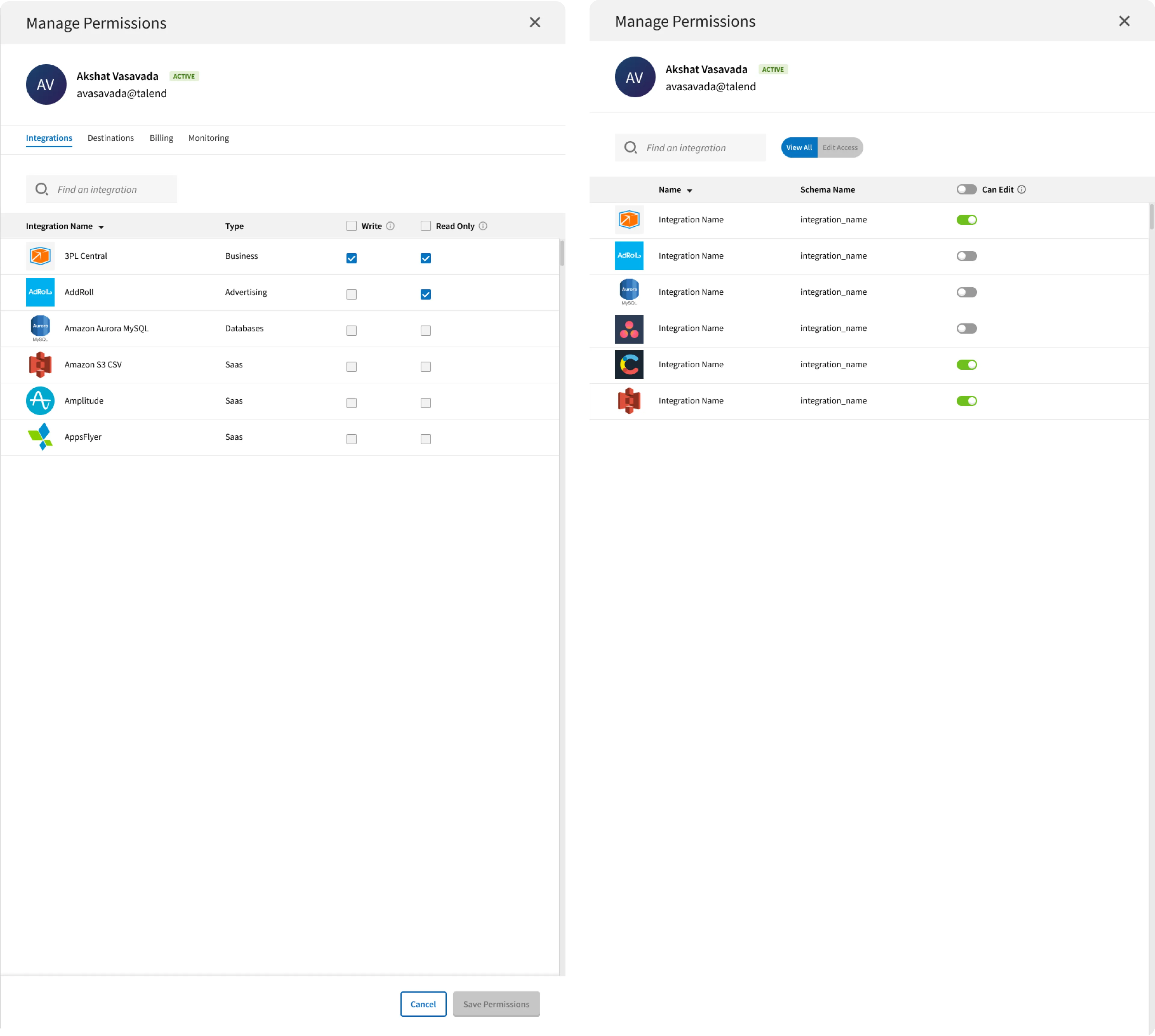 Comparison of permission controls using write and read-only checkboxes versus a single Can Edit toggle per integration.