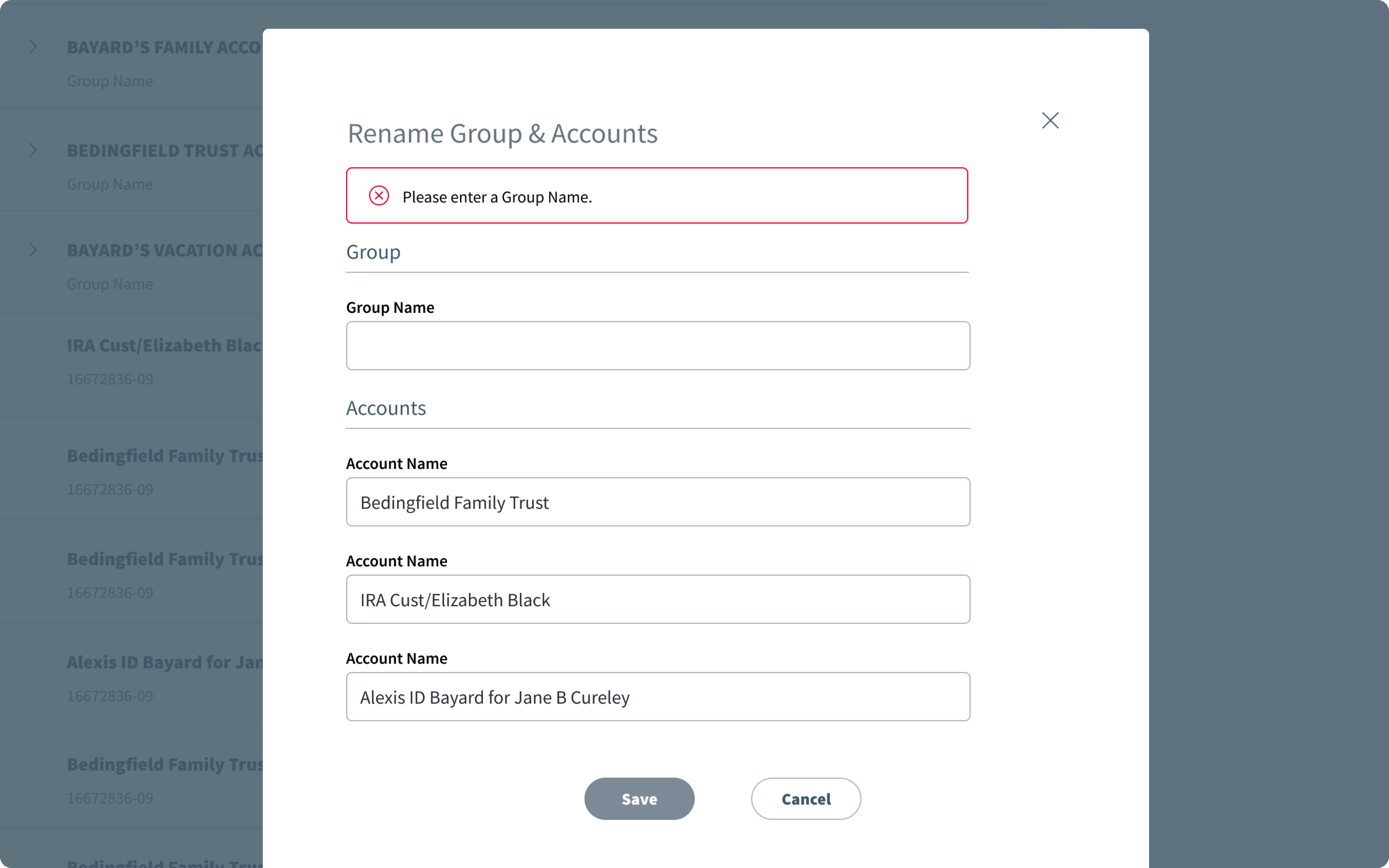 Rename Group & Accounts form with an empty Group Name field and an error message at the top reading Please enter a Group Name.