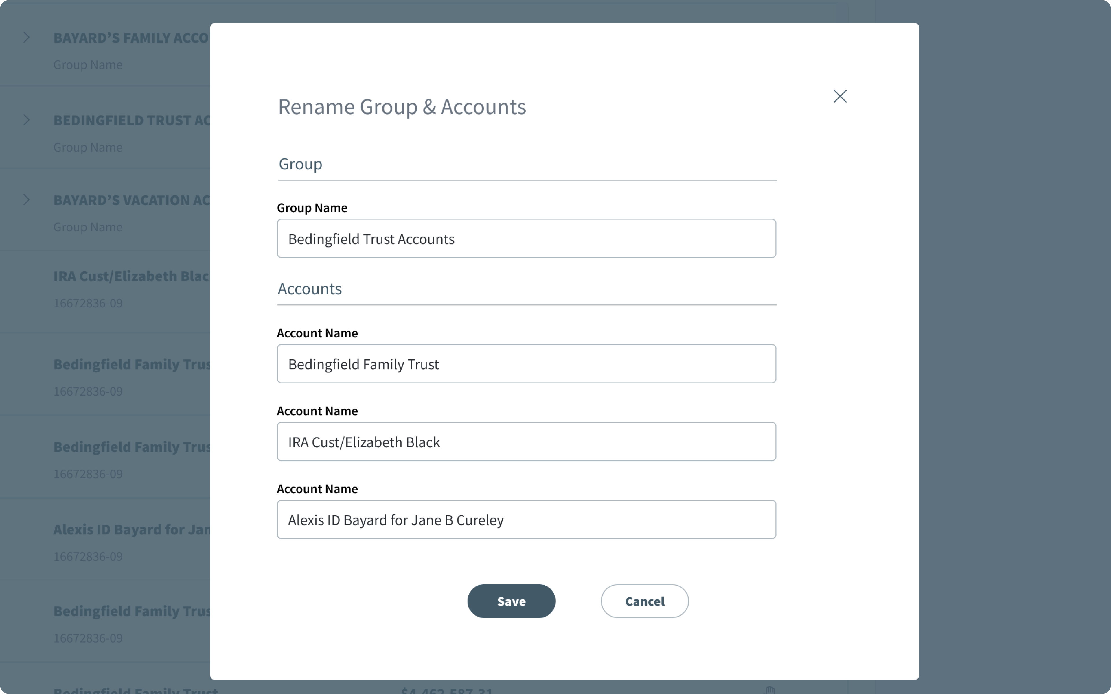 Rename Group & Accounts form with a Group Name field, three Account Name fields, and Save and Cancel buttons.