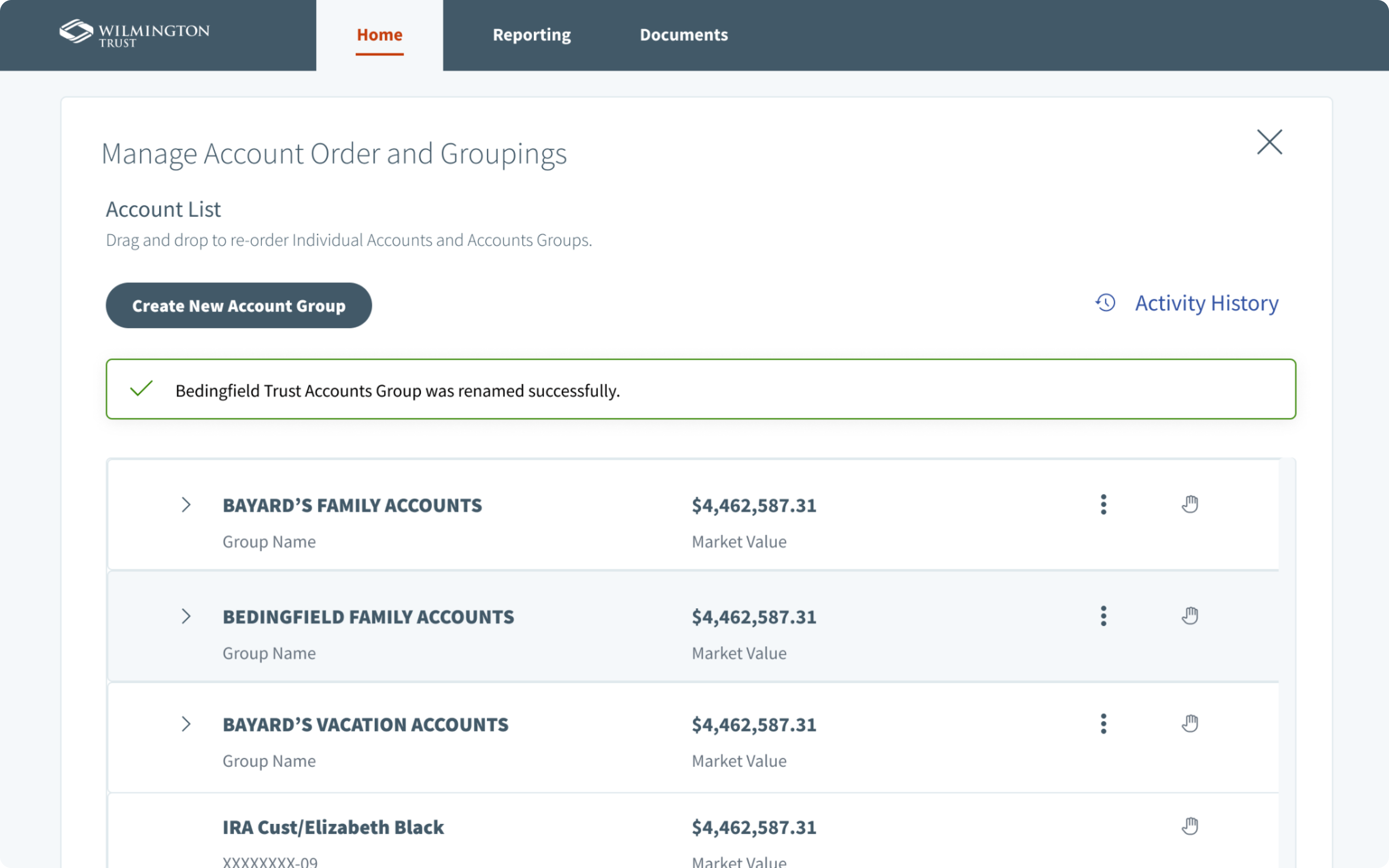 Account list with a success message reading Bedingfield Trust Accounts Group was renamed successfully.