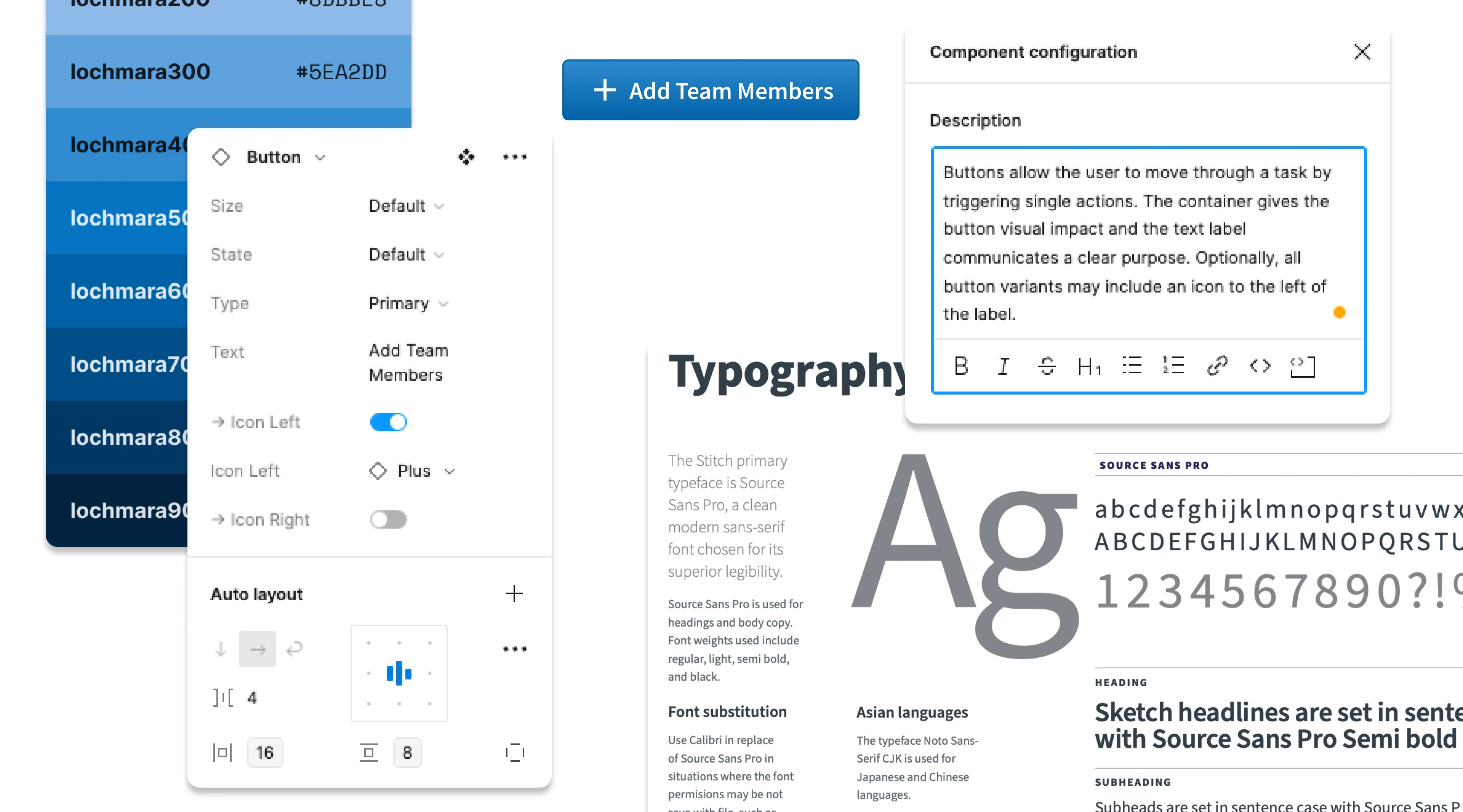 Stitch design system collage with color tokens, a configurable button component, documentation and typography.