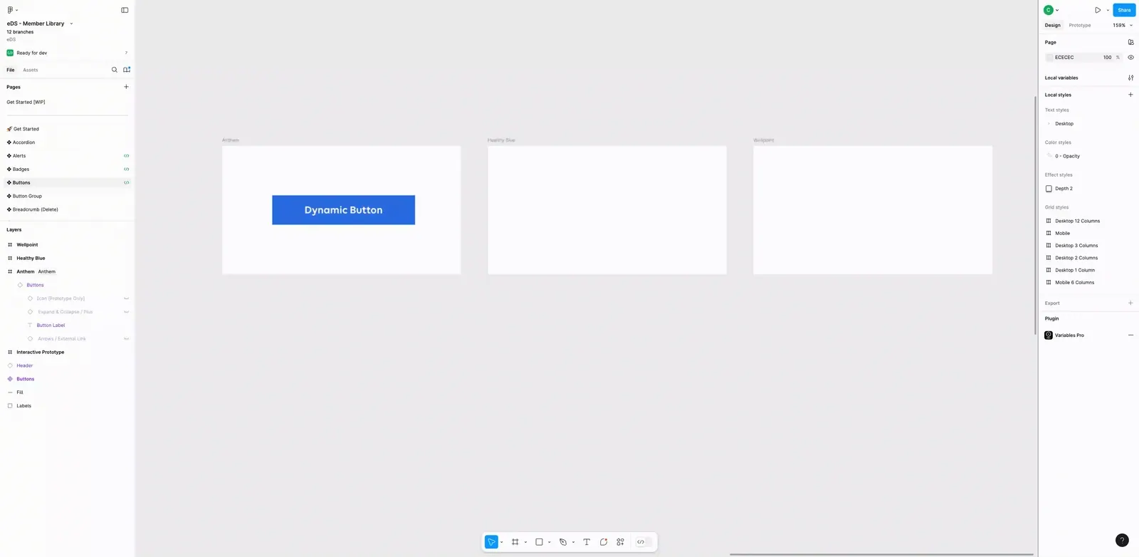 Animated demo of a dynamic button component in Figma changing size, state and brand through variables.