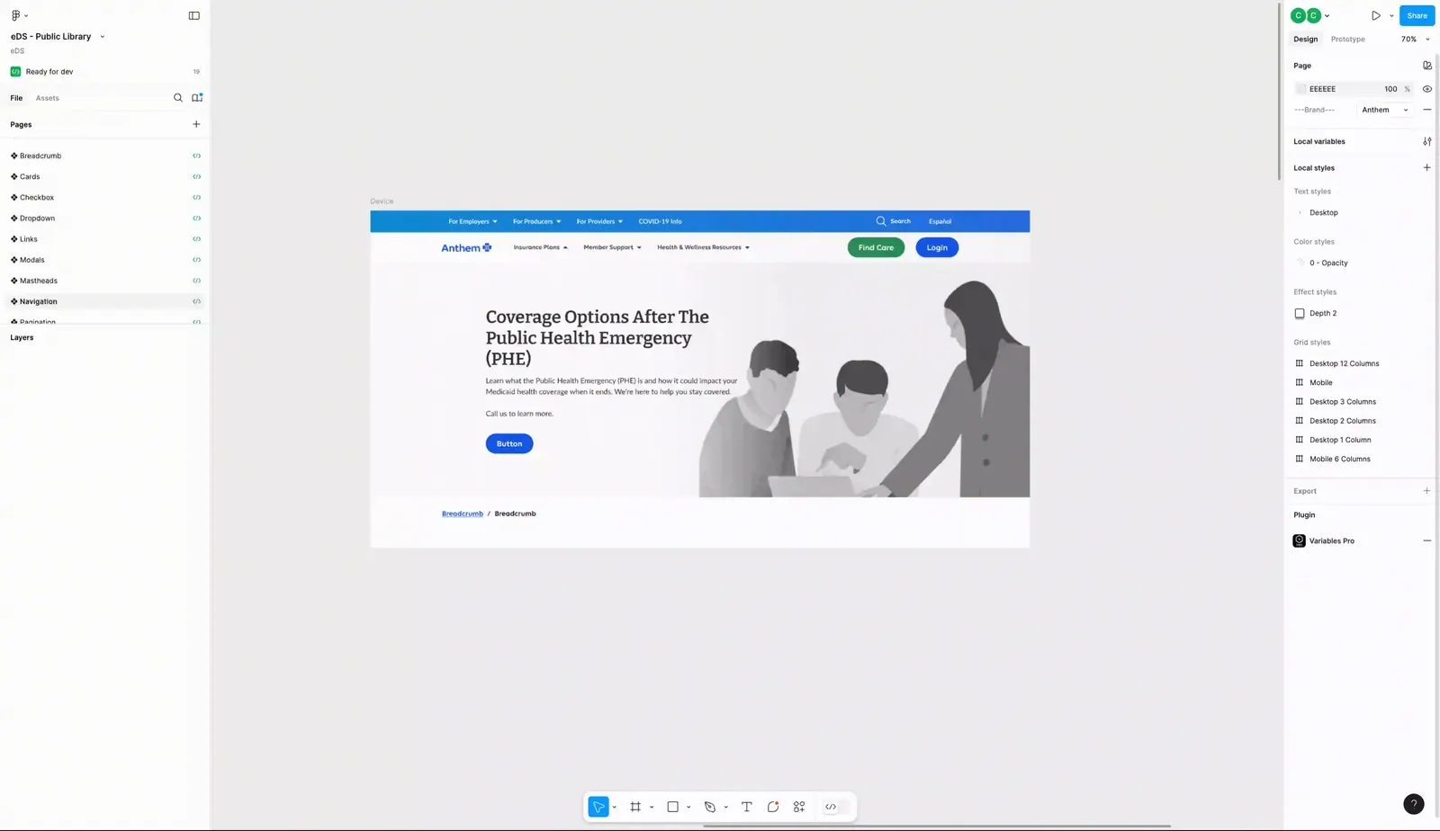Animated demo of a responsive header component in Figma resizing from desktop to mobile layouts.
