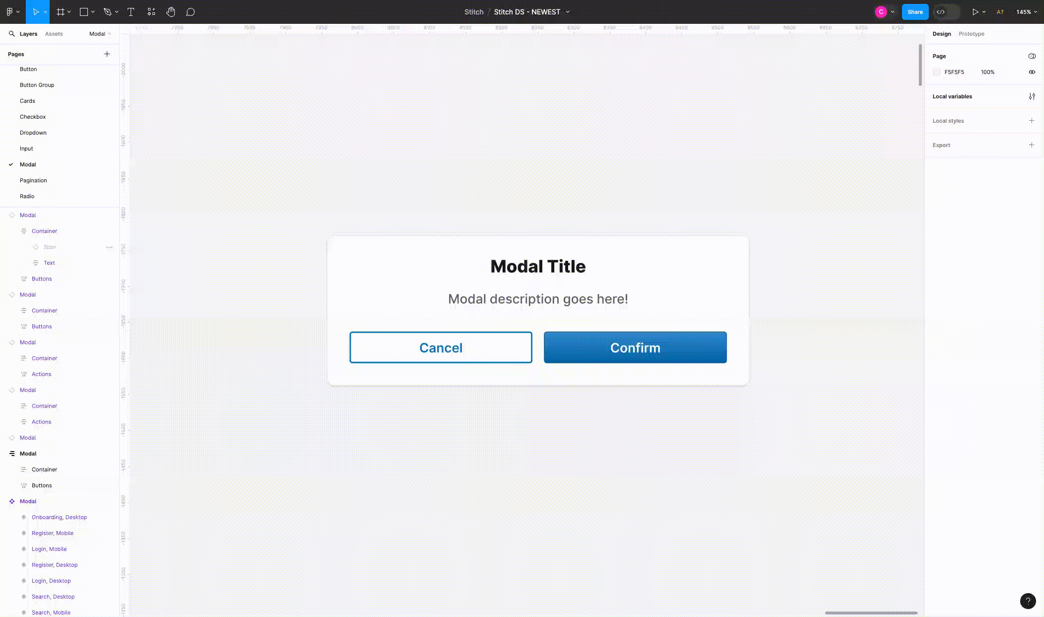 Animated walkthrough of configuring a modal component in Figma, switching its content and button options.